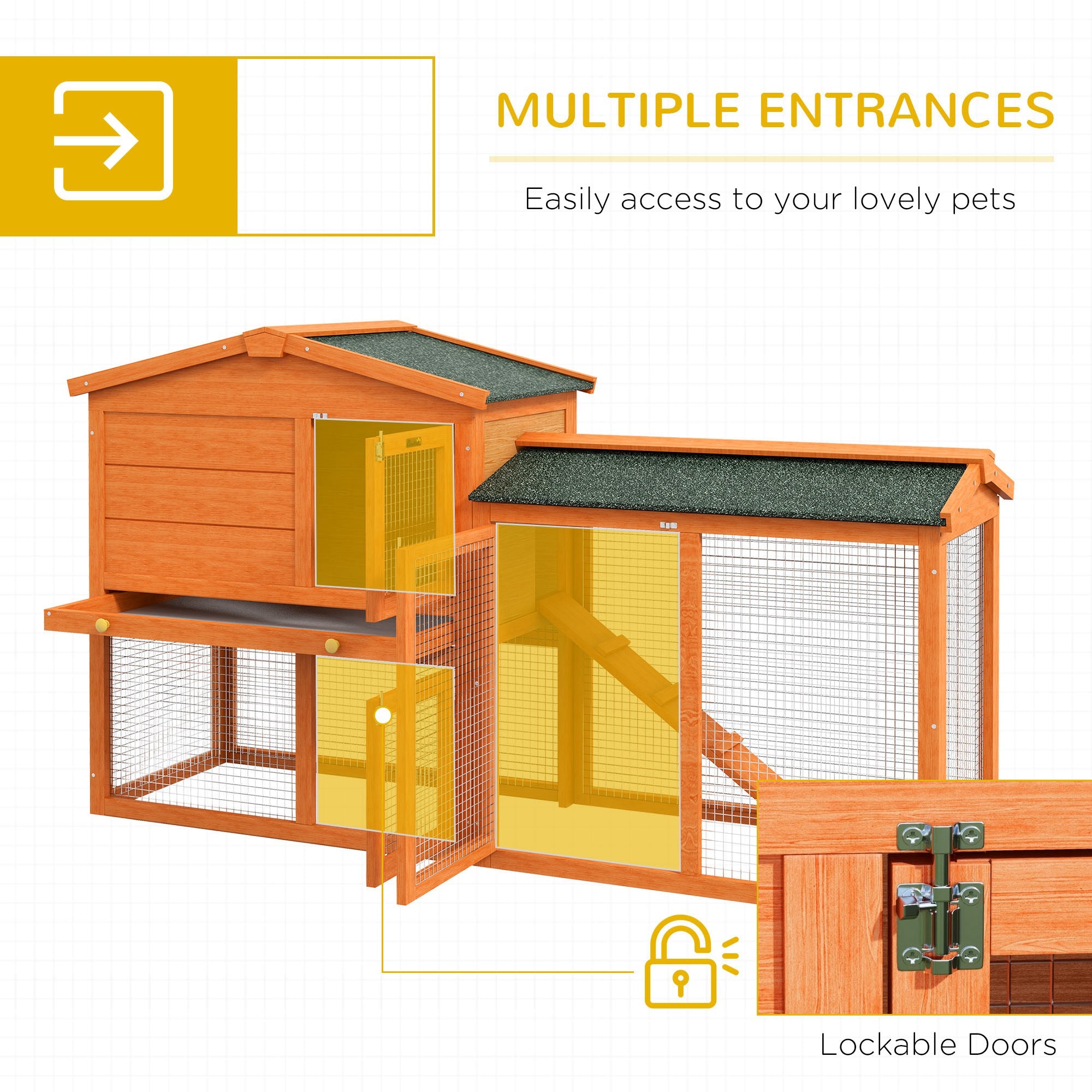 Two-Tier Rabbit Hutch with Run, Ramp, Slide-Out Tray, for Garden - Orange