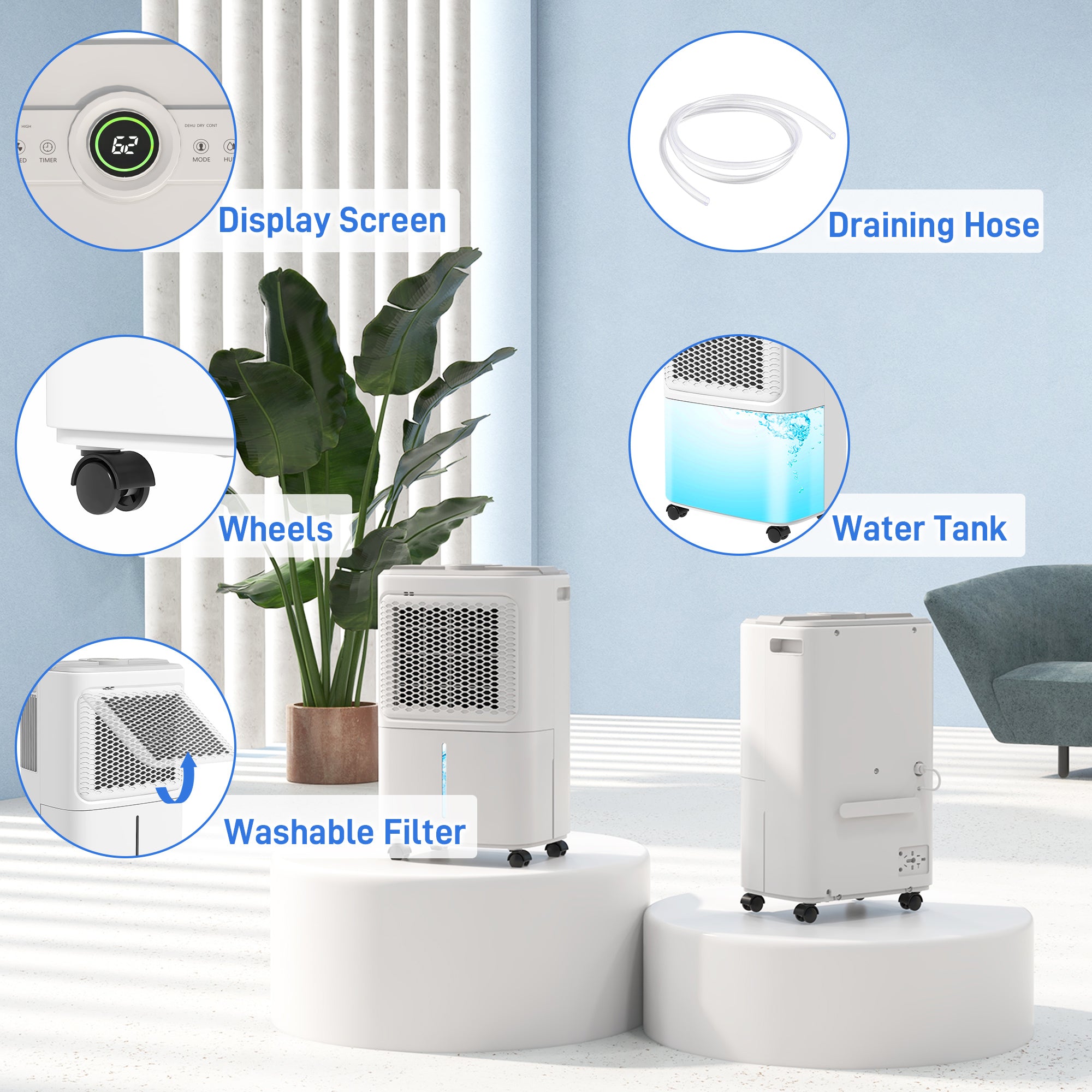 12L/Day Dehumidifier with Continuous Drainage, 1.6L Water Tank, 24H Timer, Digital Humidity Display, Humidity Light, Dehumidifier for Home Damp, Bedroom, Condensation, Mould, Laundry Drying