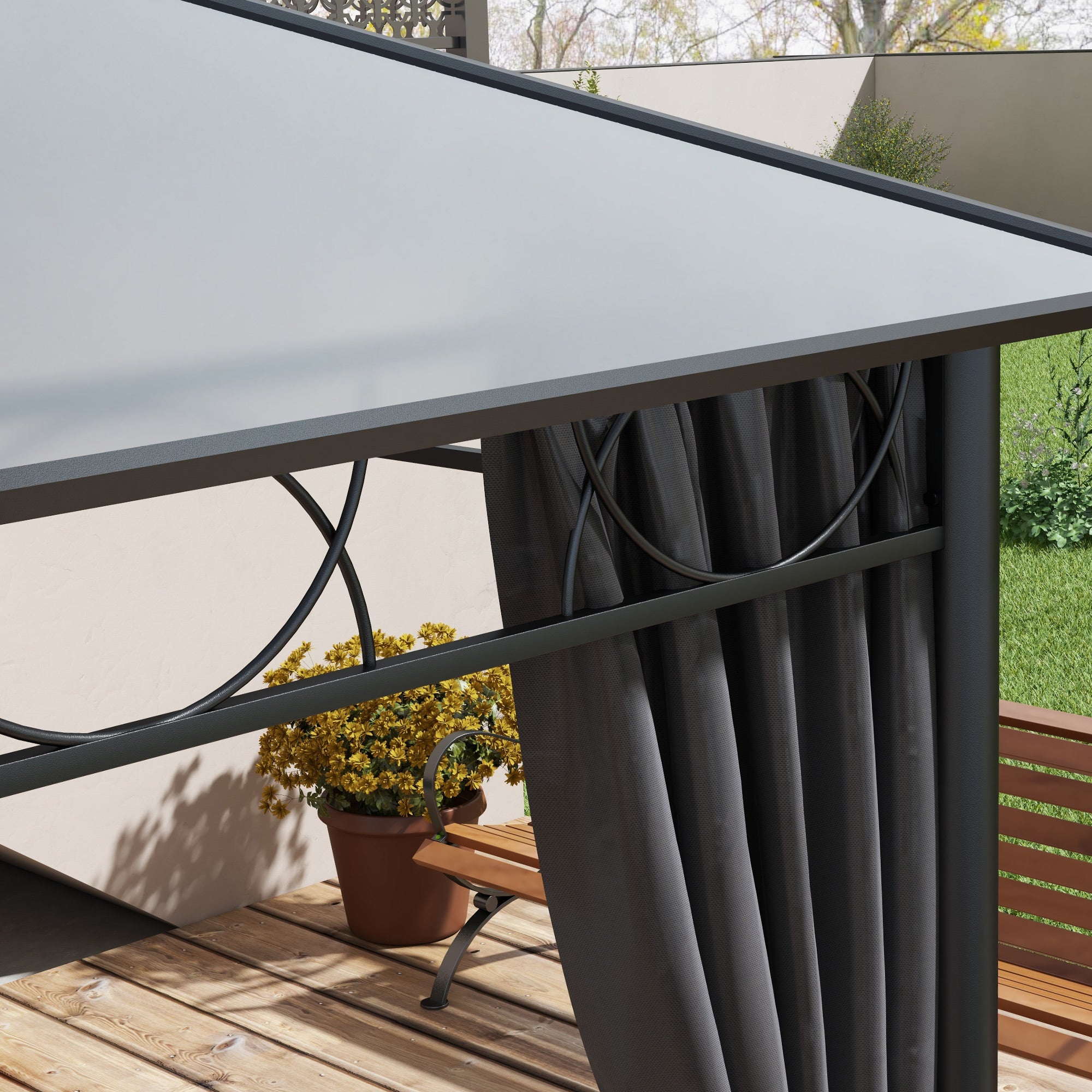 Hardtop Gazebo Garden Pavilion with UV Resistant Polycarbonate Roof, Curtains, Steel & Aluminium Frame, 3 x 4m, Grey