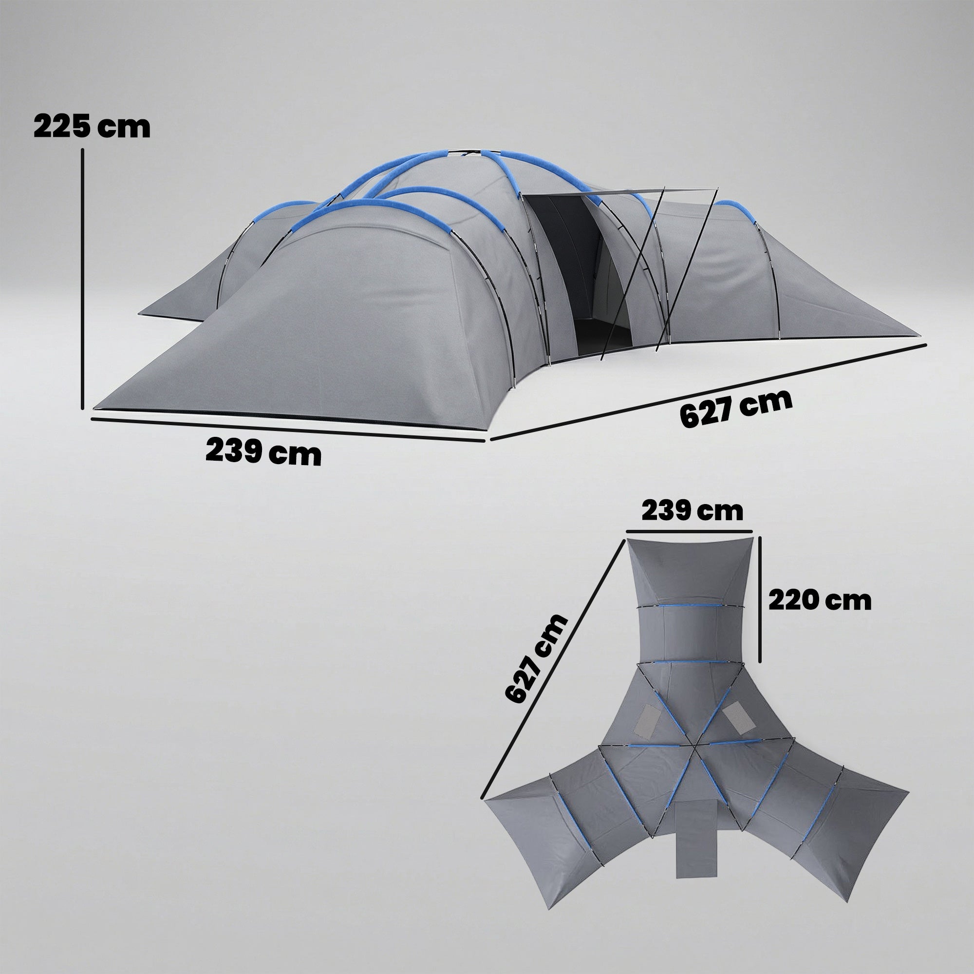 6-9 Man Large Tunnel Tent with 3 Bedrooms, Living Area and Porch, Light Grey