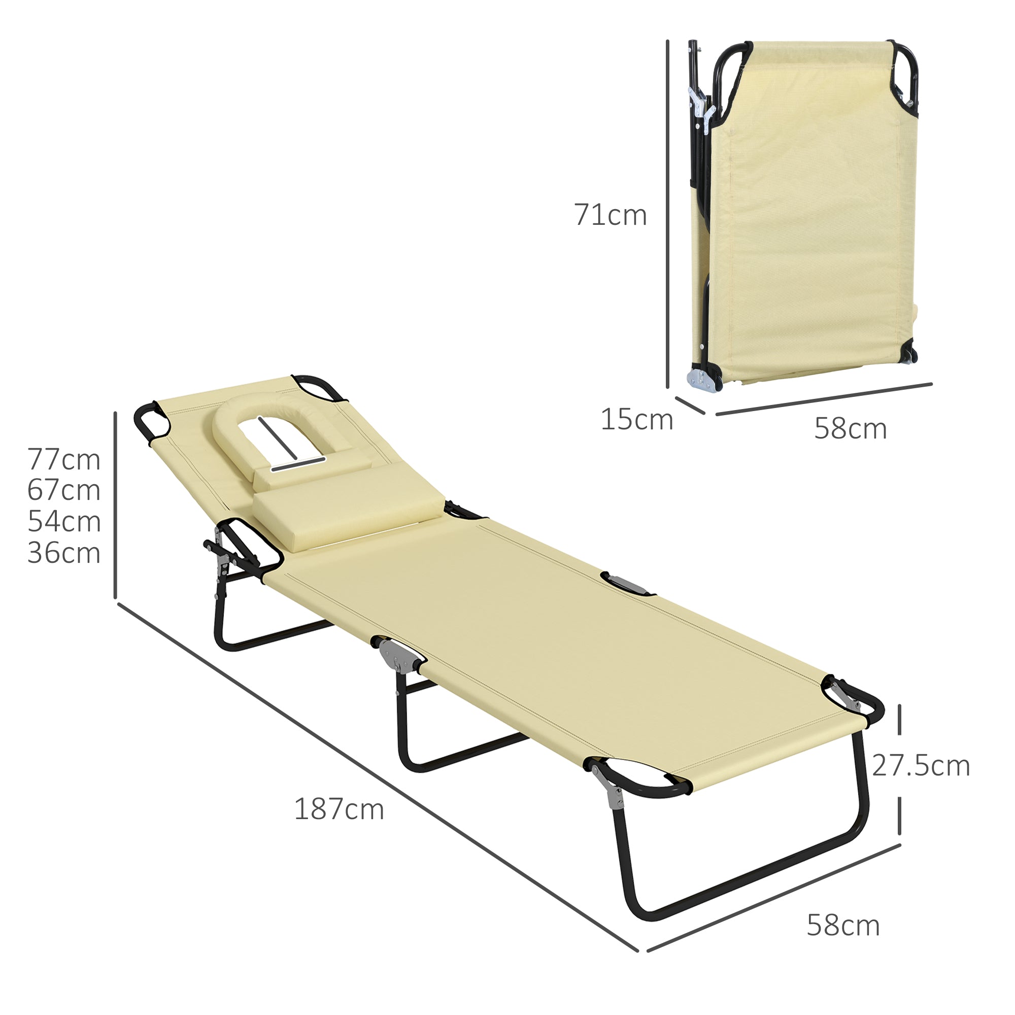 Outdoor Foldable Sun Lounger Set of 2, 4 Level Adjustable Backrest Reclining Sun Lounger Chair with Pillow and Reading Hole, Beige