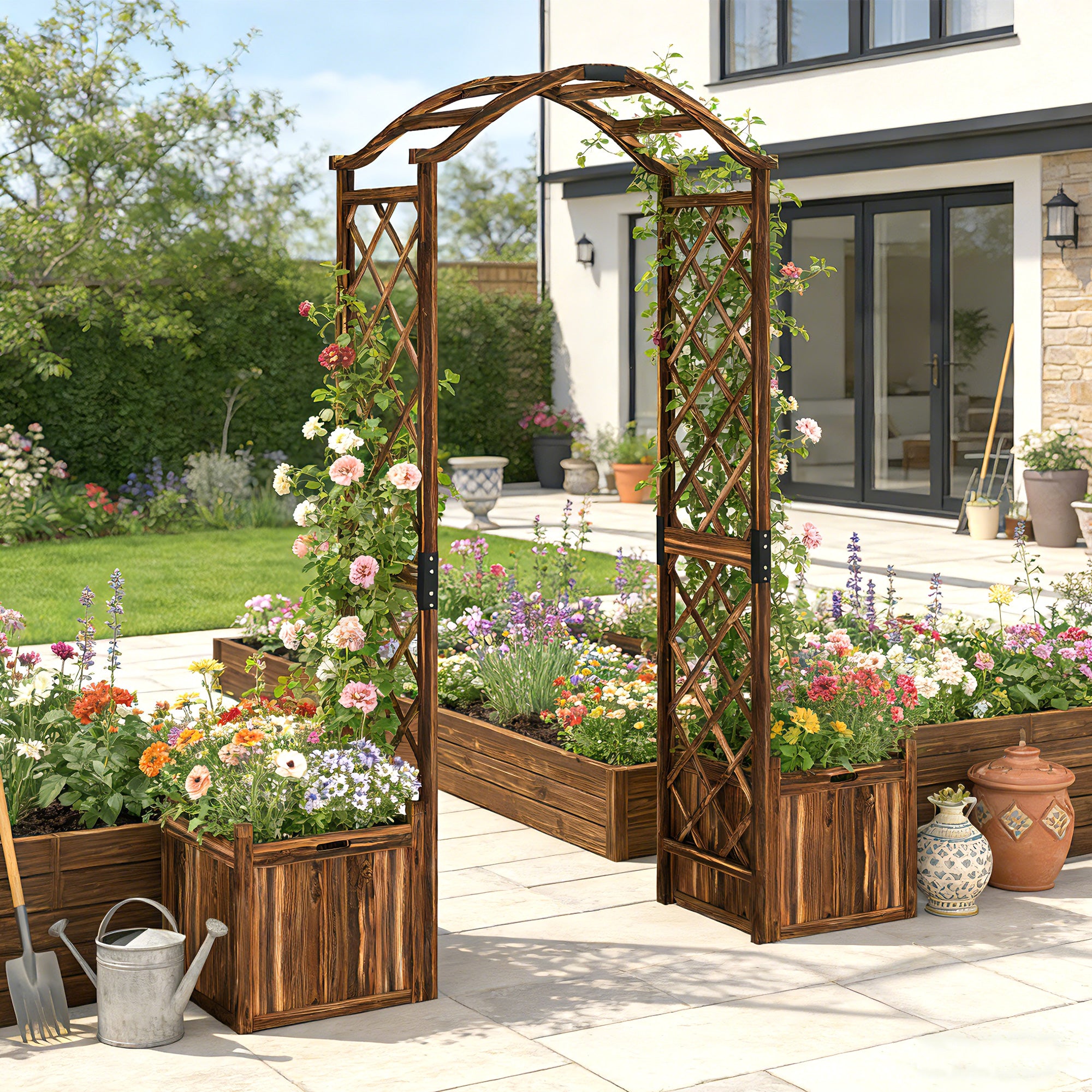 Wooden Garden Arch with 2 Planter Boxes, Outdoor Rose Arch Trellis for Climbing Vines, Carbonised
