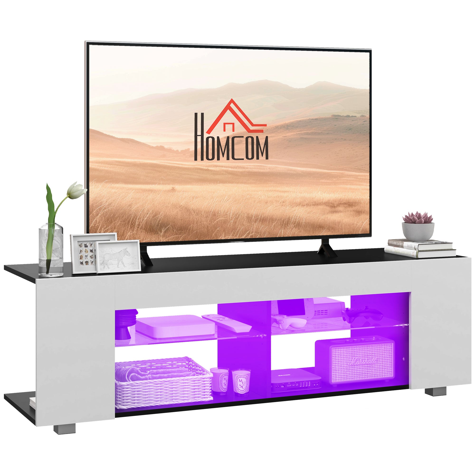 Multi-Shelf TV Cabinet, with Adjustable LED Lights - White