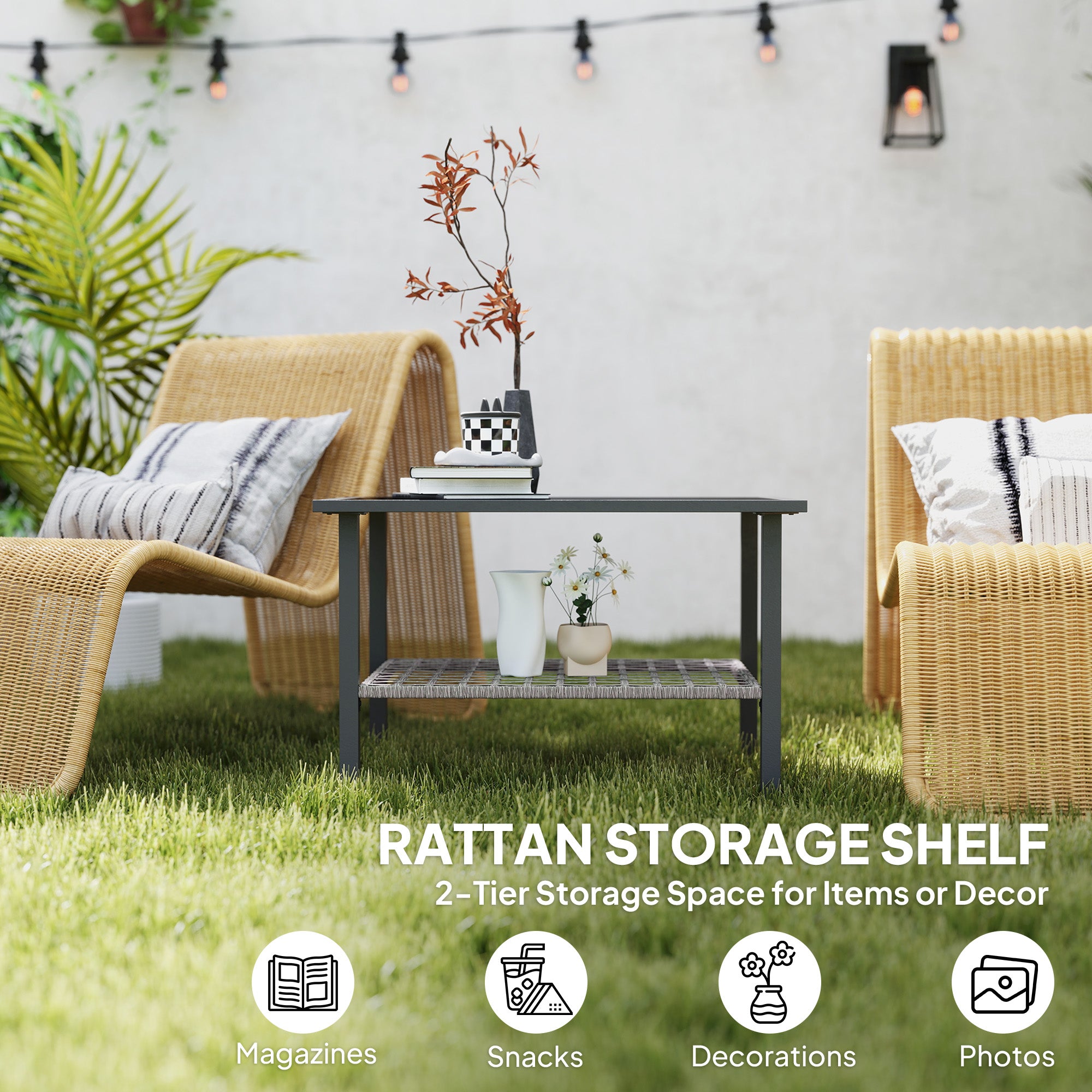 Outdoor Rattan Coffee Table with Tempered Glass Top and Storage Shelf - Mixed Grey