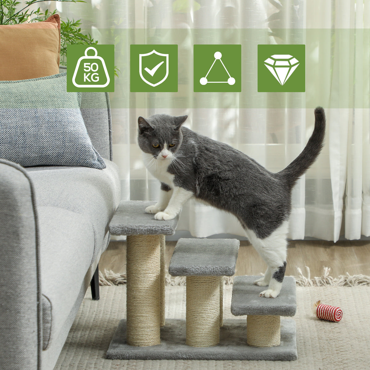 3-Step Pet Stairs Ladder with Scratching Posts for Cats and Dogs - Grey