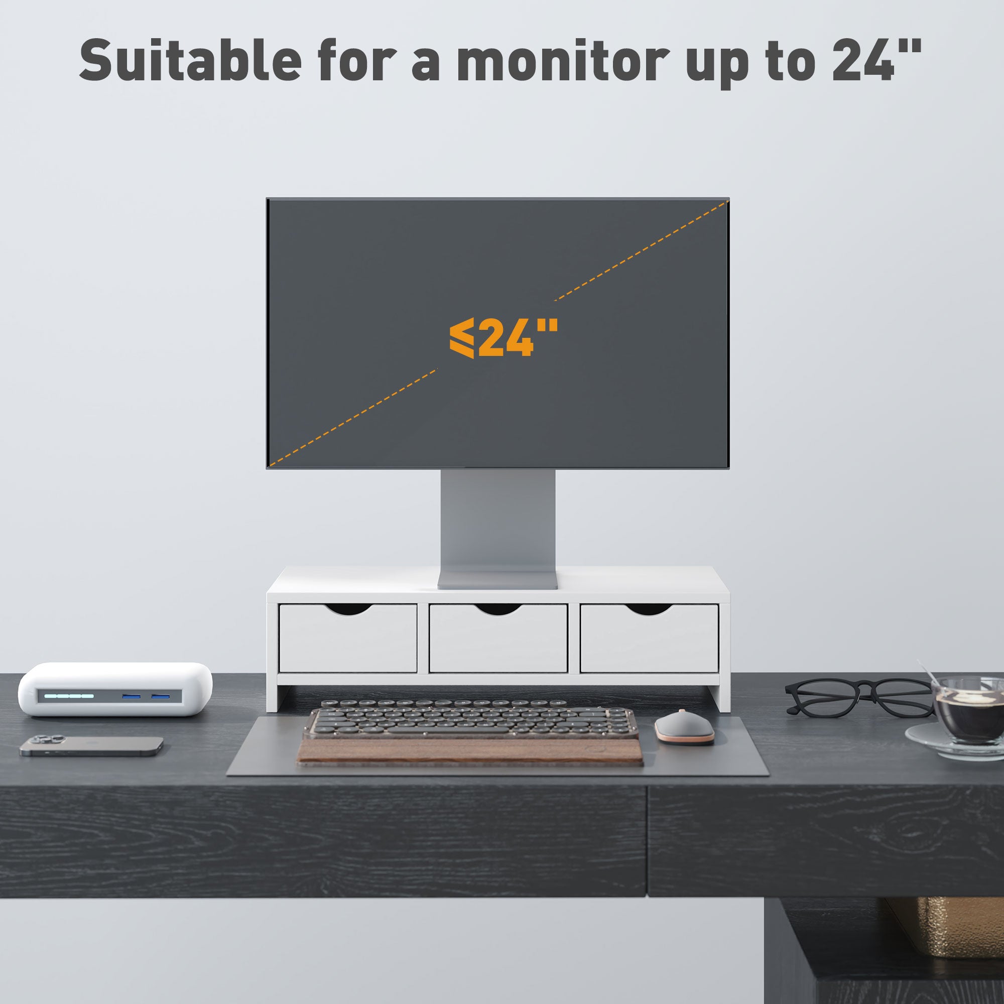 Monitor Stand Riser with 3 Drawers for Laptop, PC, Small Printer 51x24x13cm - White