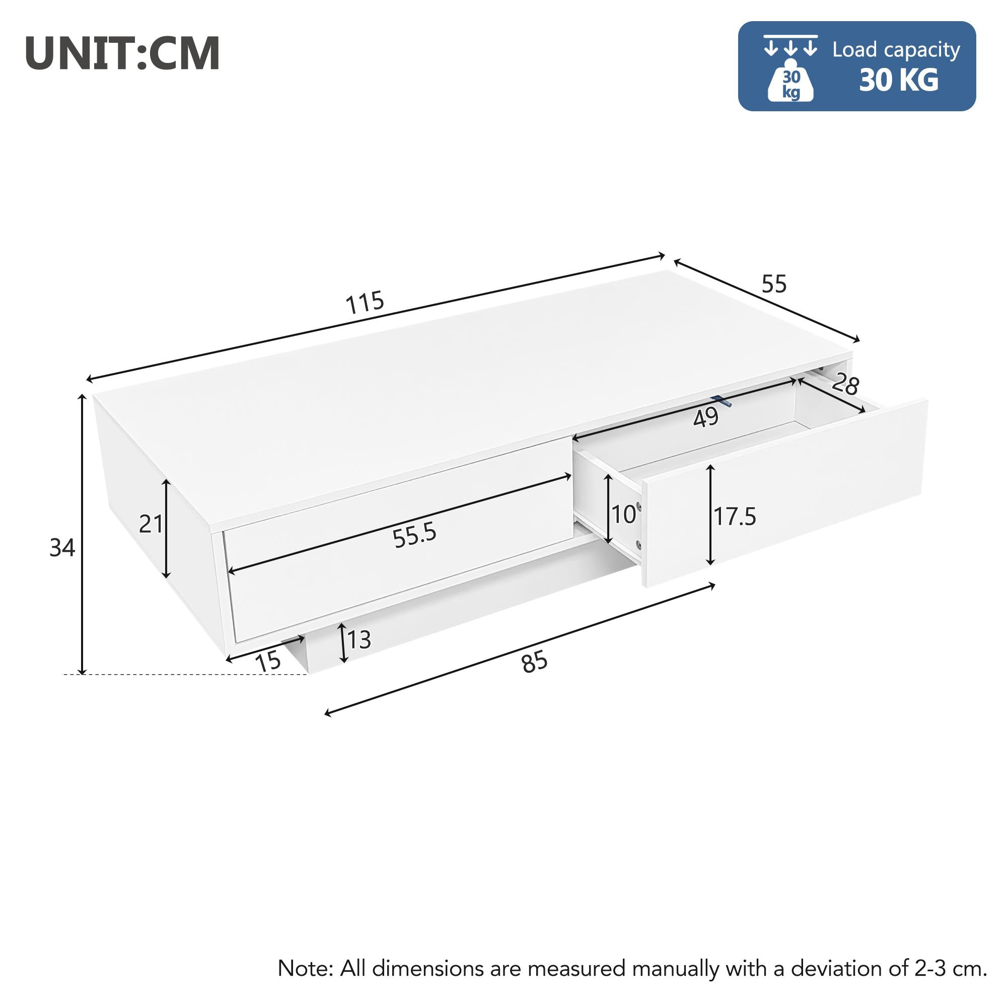 High Gloss LED Coffee Table with 2 Drawers and Bluetooth Control, Tea Table with Particle Board, 115L x 55W x 34H cm, White