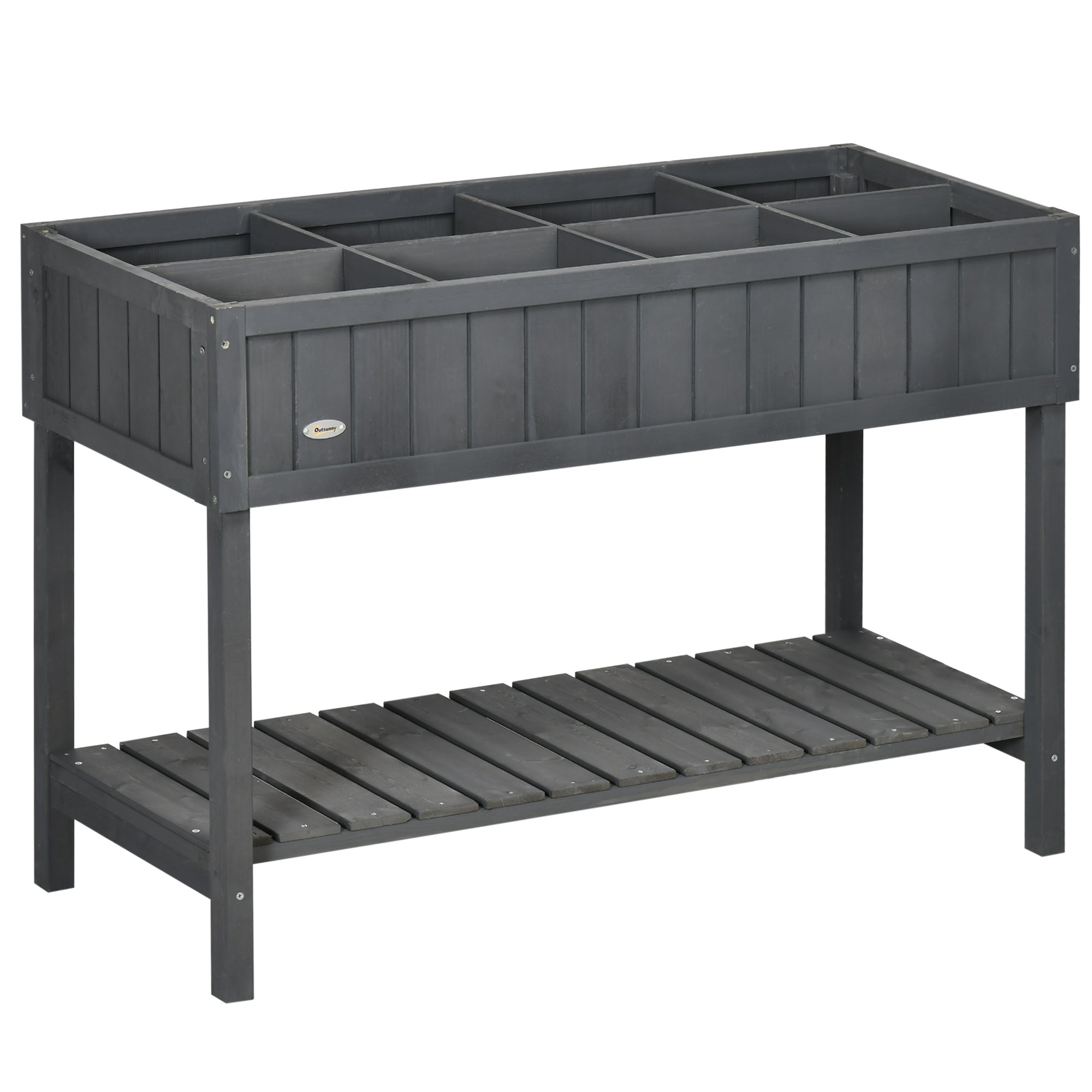 Fir Wood Raised Rectangular 8 Compartment Plant Stand Dark Grey