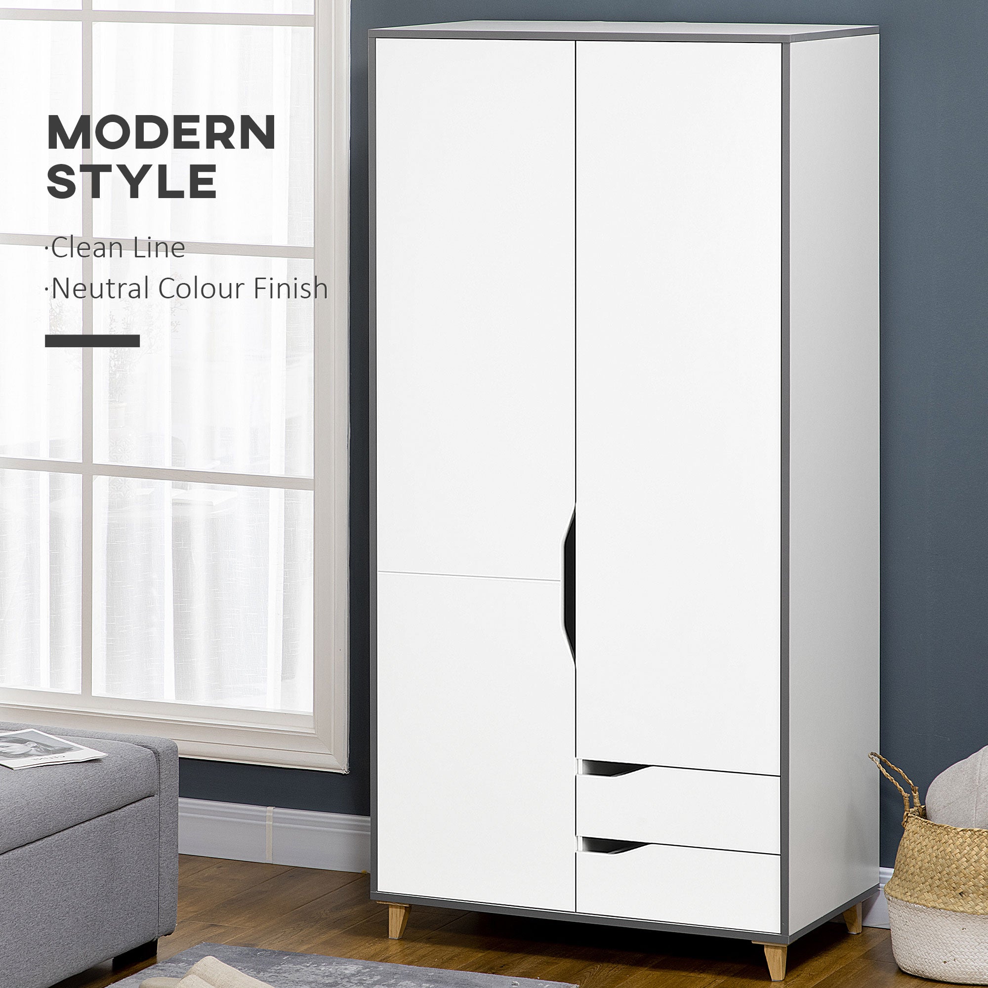 Bedroom Furniture Set, Wardrobe with Hanging Rail, 3 Drawer Chest of Drawers with Cut-out Handles, Grey and White