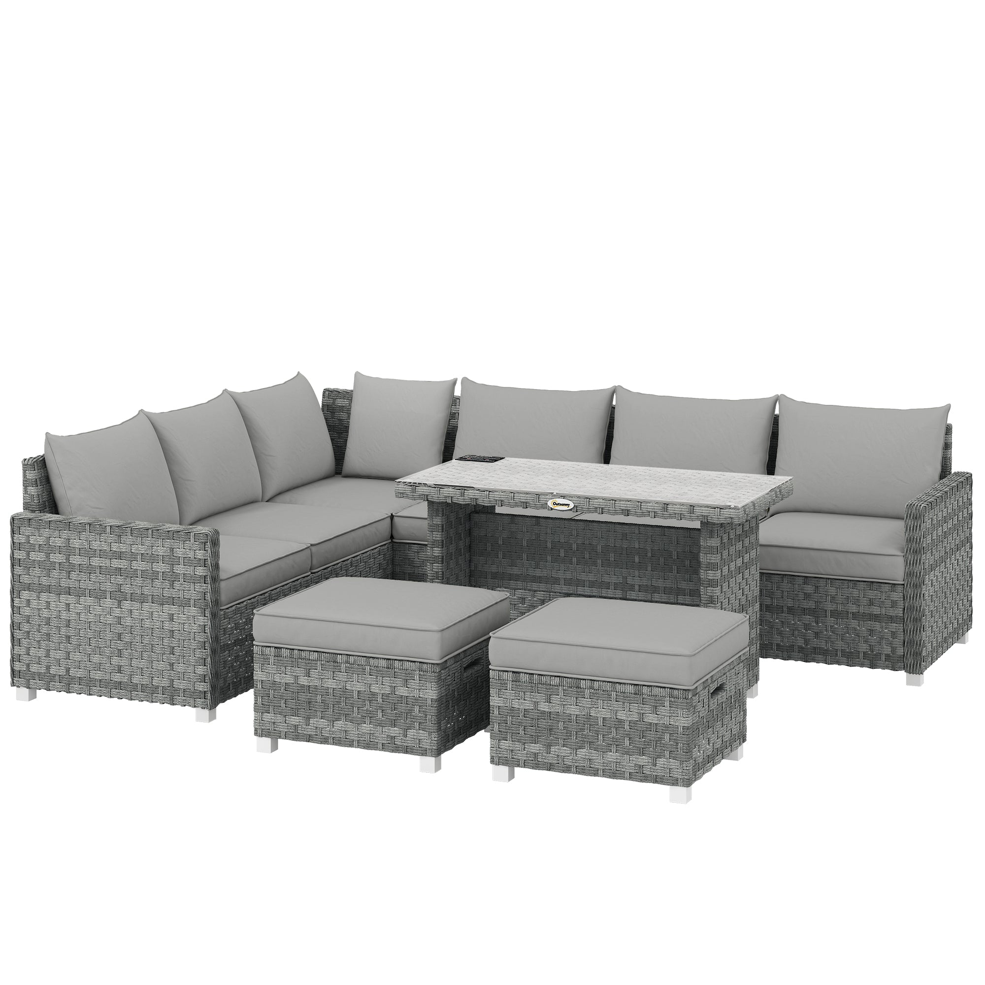 6 Seater Rattan Garden Furniture Set with 3 Sofas, 2 Footstools, Table, Patio Rattan Furniture Sofa Sets, Grey