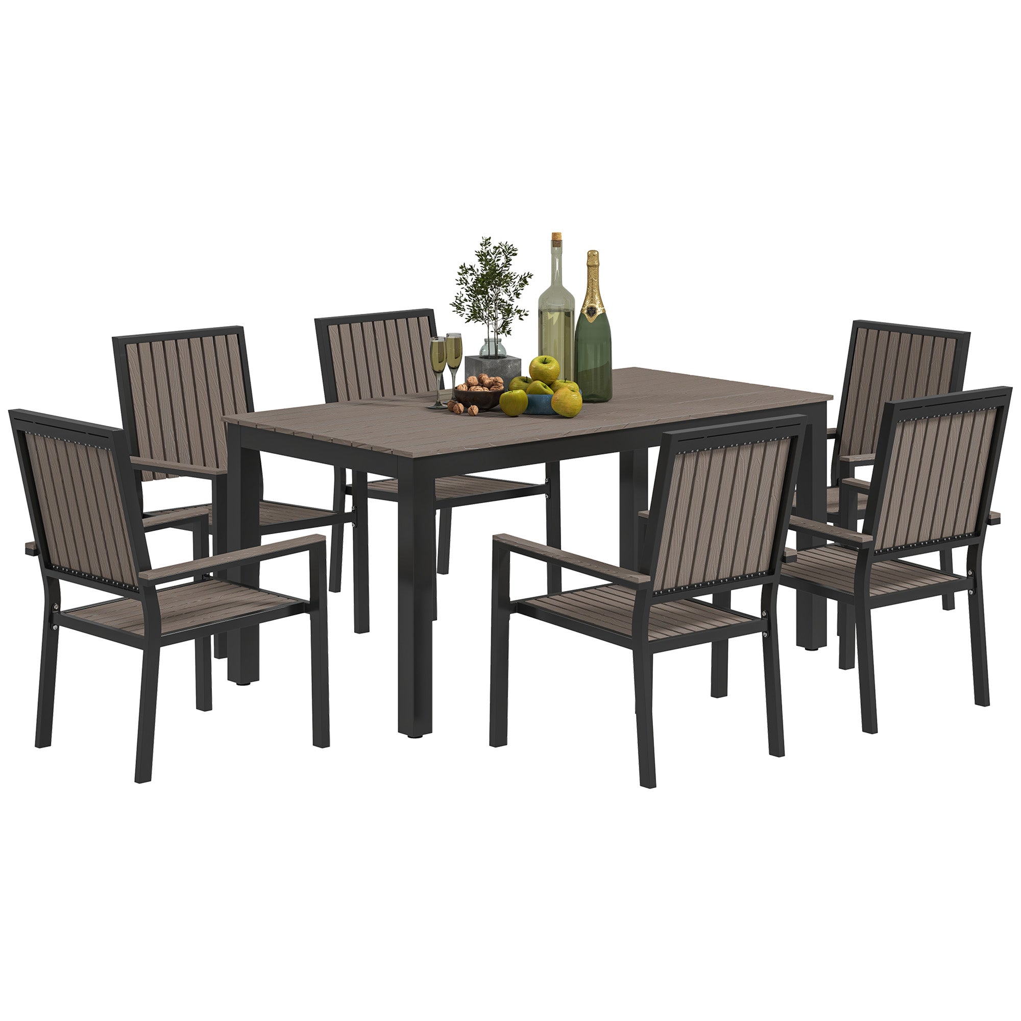 6 Seater Garden Dining Set with Stackable Chairs and Rectangular Aluminium Frame Table - Brown