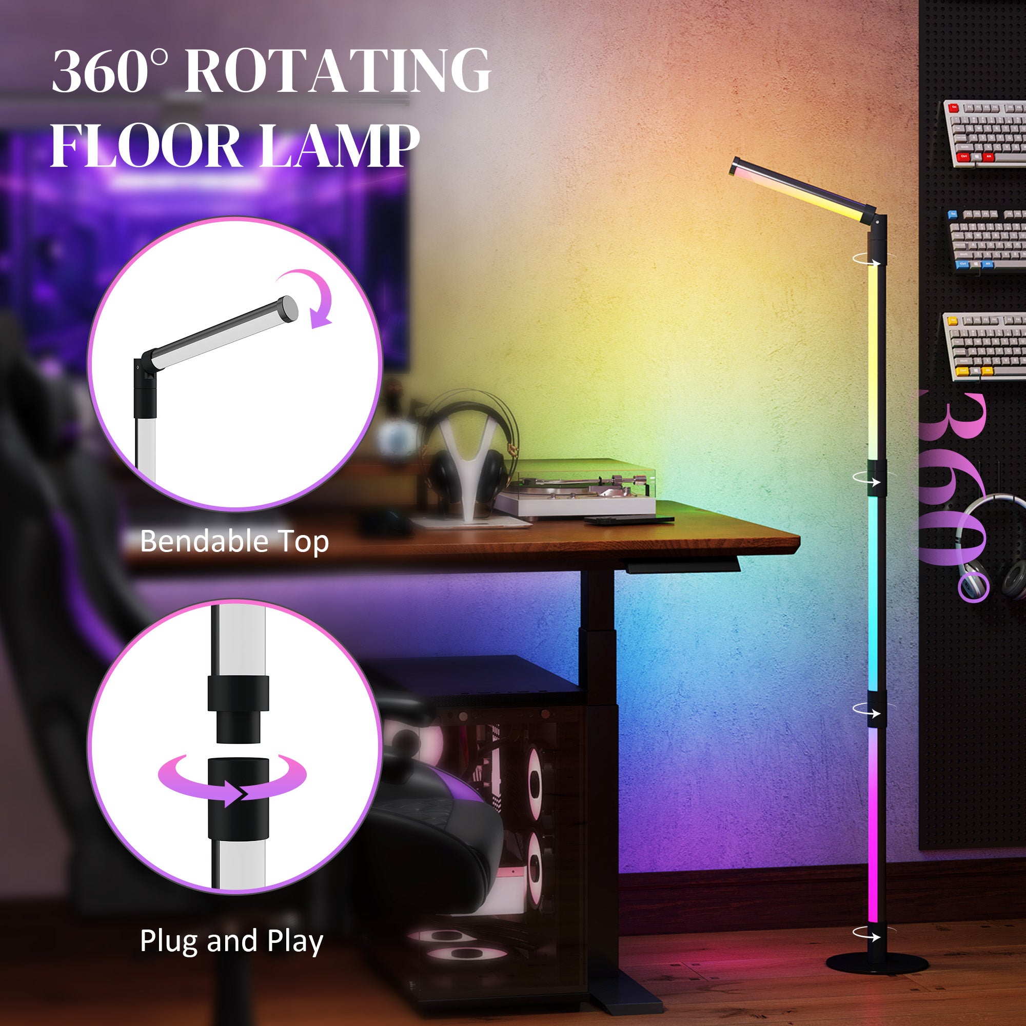 LED Floor Lamp, 360° RGB Detachable Corner Floor Lamp with App & Remote Control, Colour Changing Standing Lamp with Music Sync & Timing, for Living Room, Game Room, Dark Grey