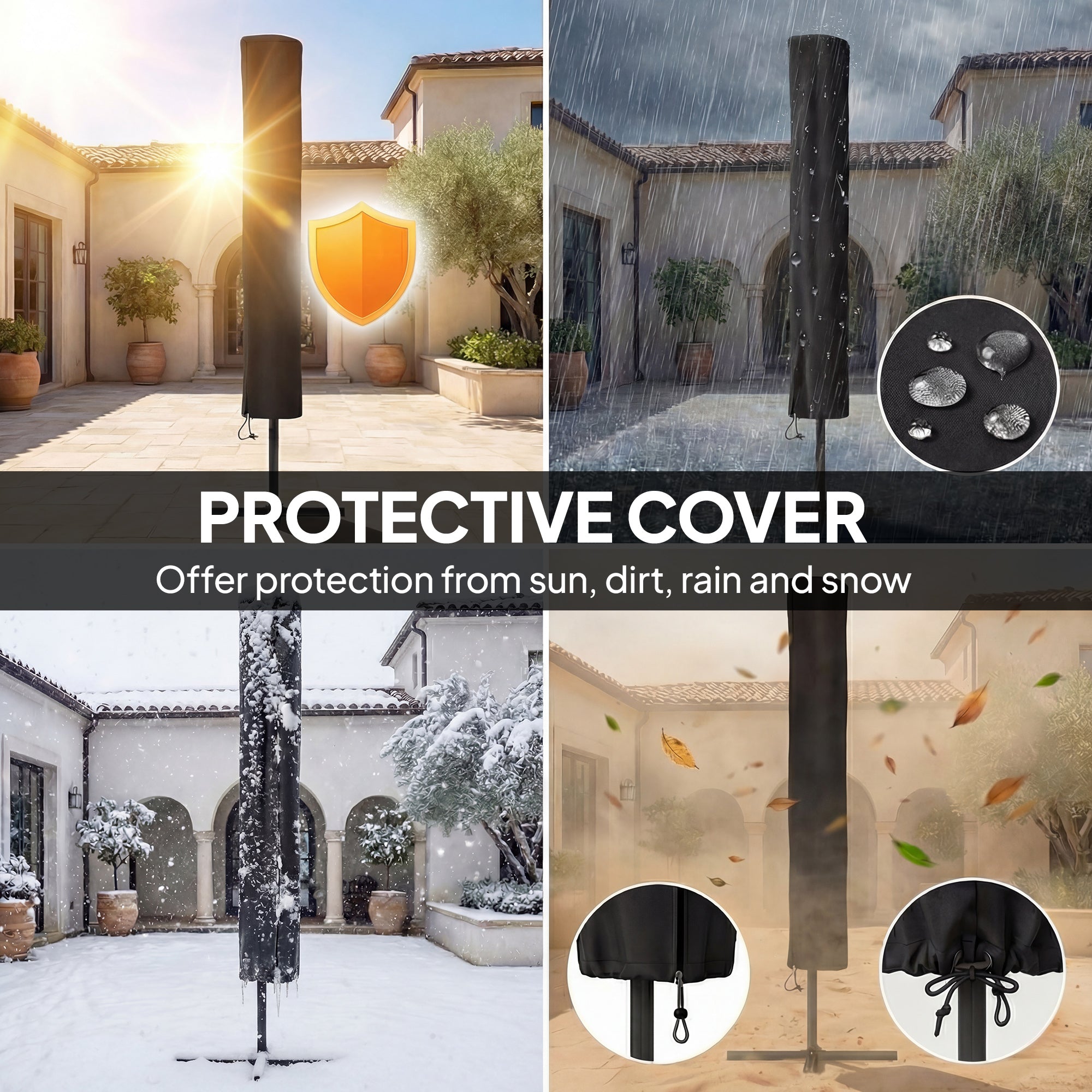 3 x 2 m Garden Parasol Umbrella with LED Solar Light, Parasol Cover, Outdoor Market Patio Umbrella, Navy Blue