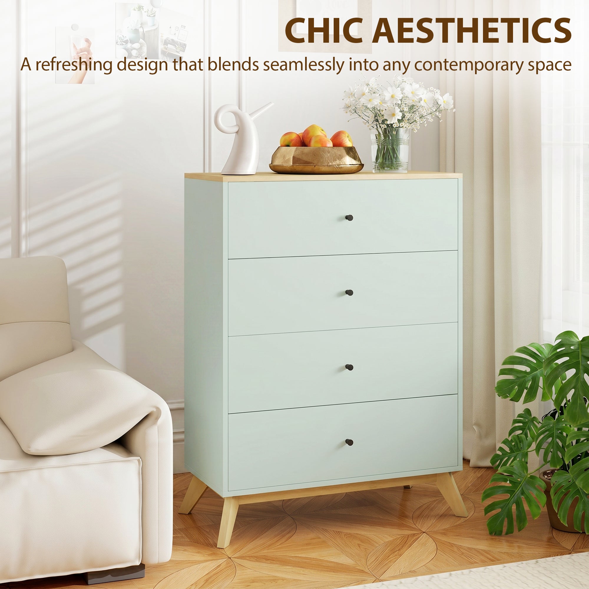 4 Drawer Storage Cabinet, Chest of Drawers for Bedroom Living Room, Light Green and Oak