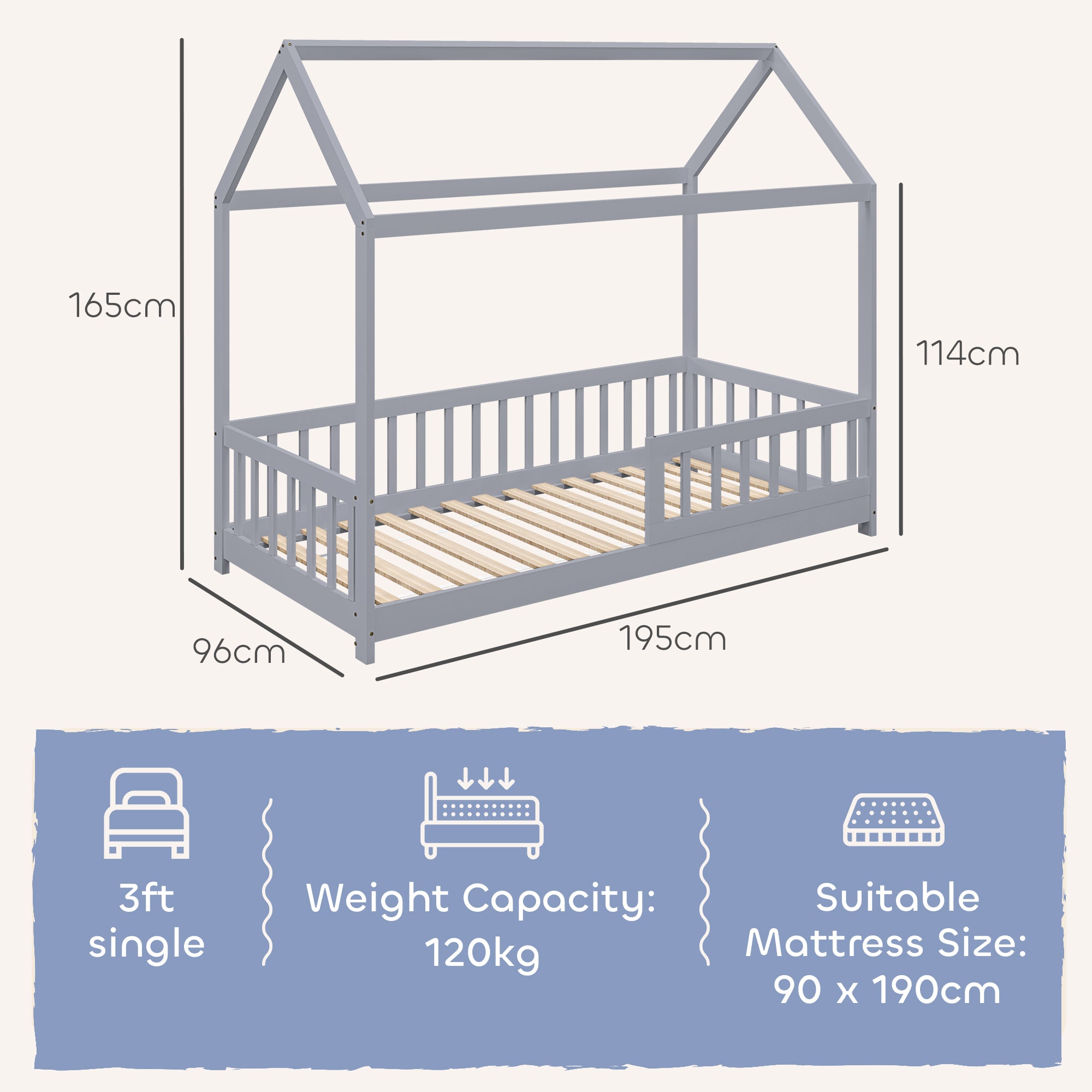 House-Shaped Kids Bed Frame with Guard Rails, Solid Pine Wood Single Bed Frame for Kids Boys and Girls, Grey