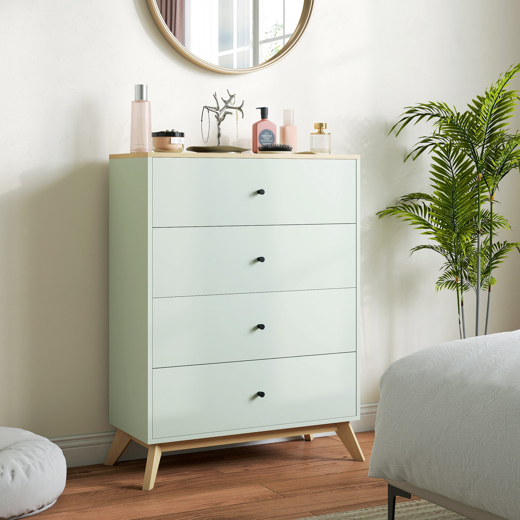 4 Drawer Storage Cabinet, Chest of Drawers for Bedroom Living Room, Light Green and Oak