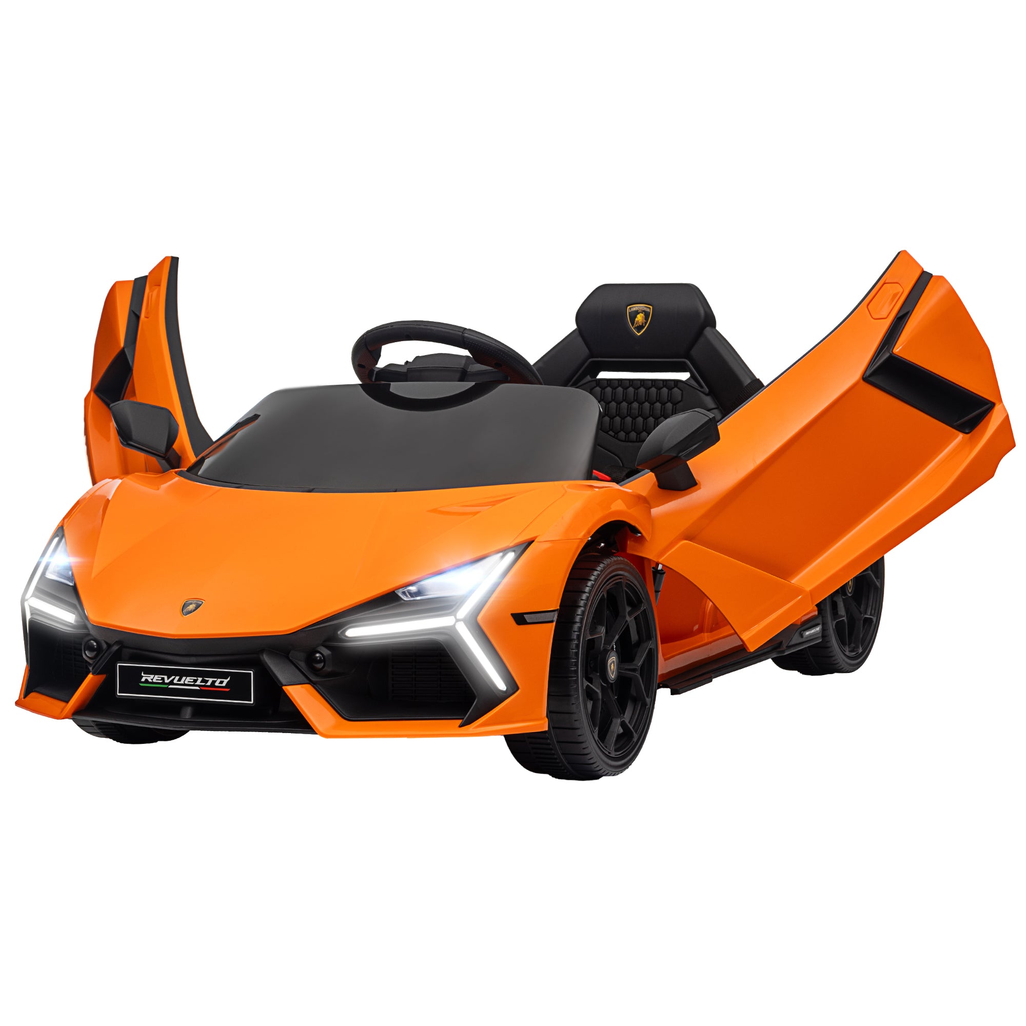 Lamborghini Revuelto Licensed 12V Ride on Car w/ Butterfly Doors, Transport Wheels, Suspension, Remote Control, Orange