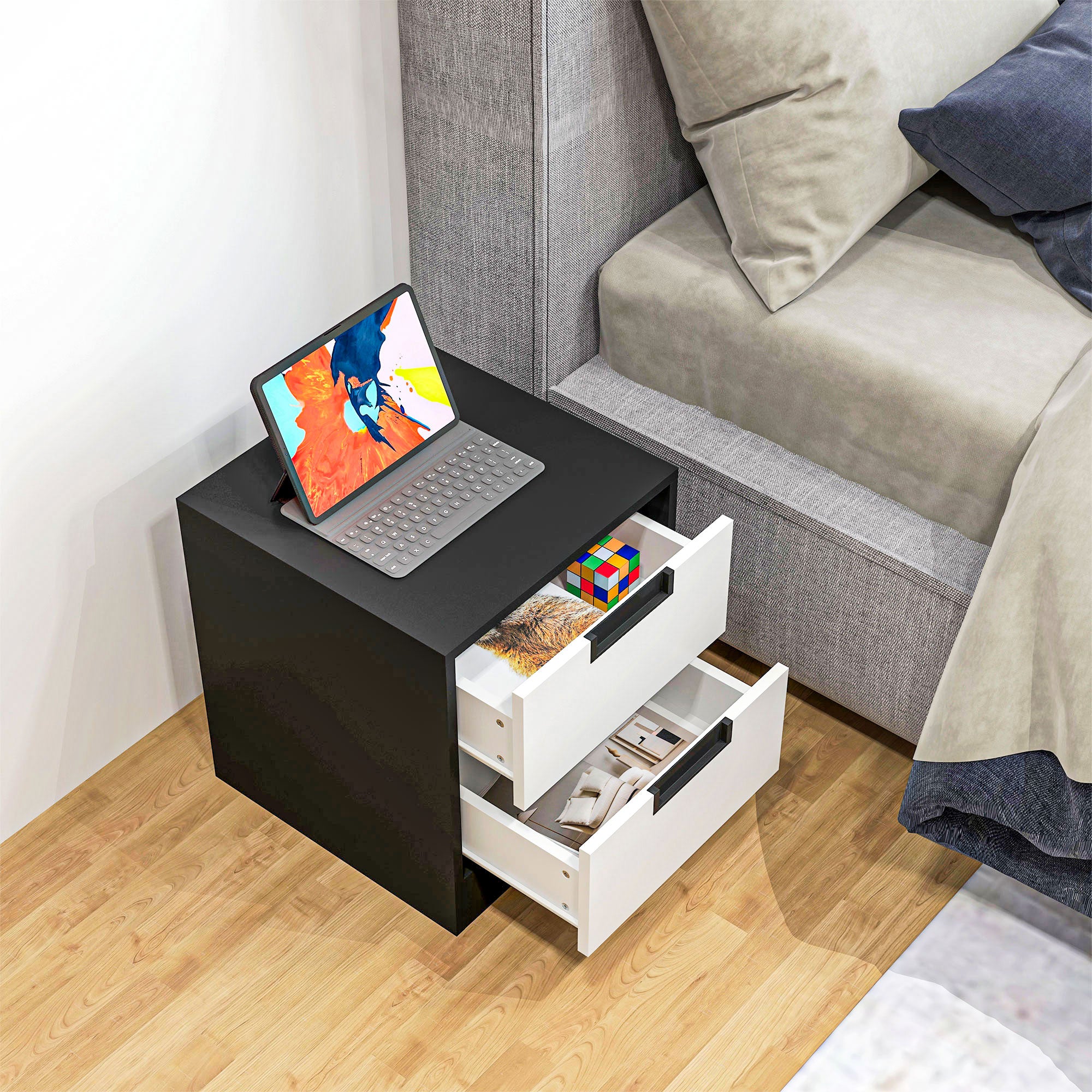 Set of Two Monochrome Two-Drawer Bedside Tables