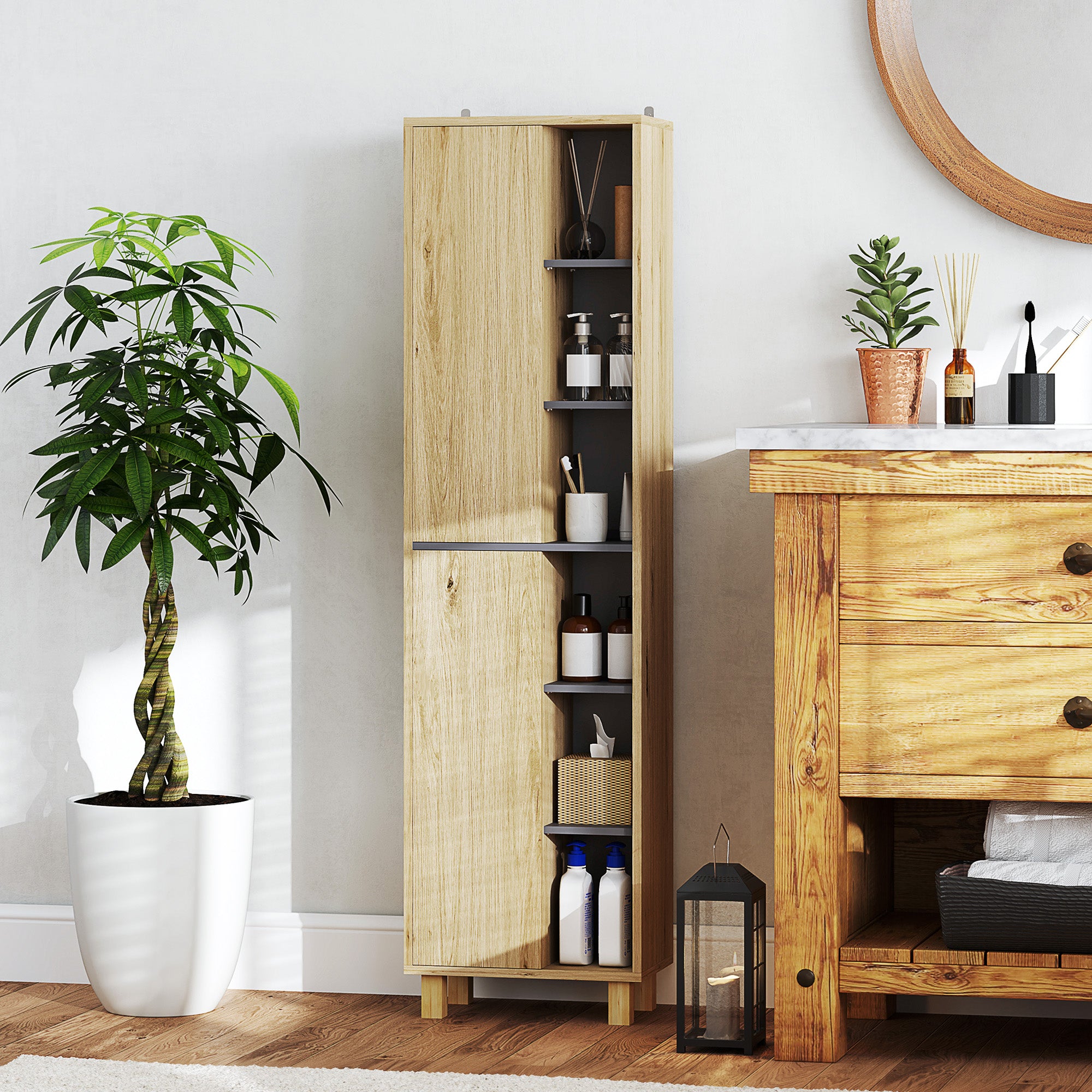 Multi-Storage Slim Bathroom Cabinet - Wood-Effect