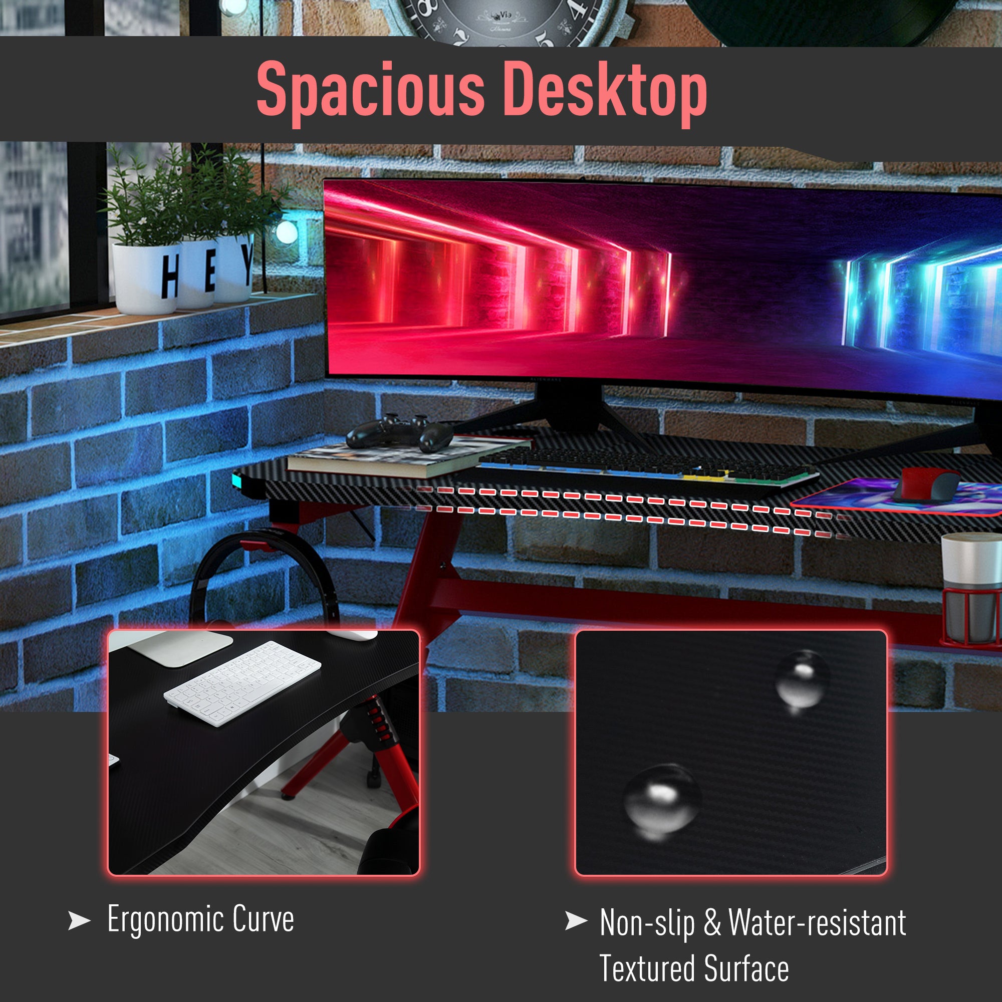 Gaming Desk with RGB LED Lights, Racing Style Computer Table with Carbon Fibre Surface, Cup Holder, Cable Management, Red