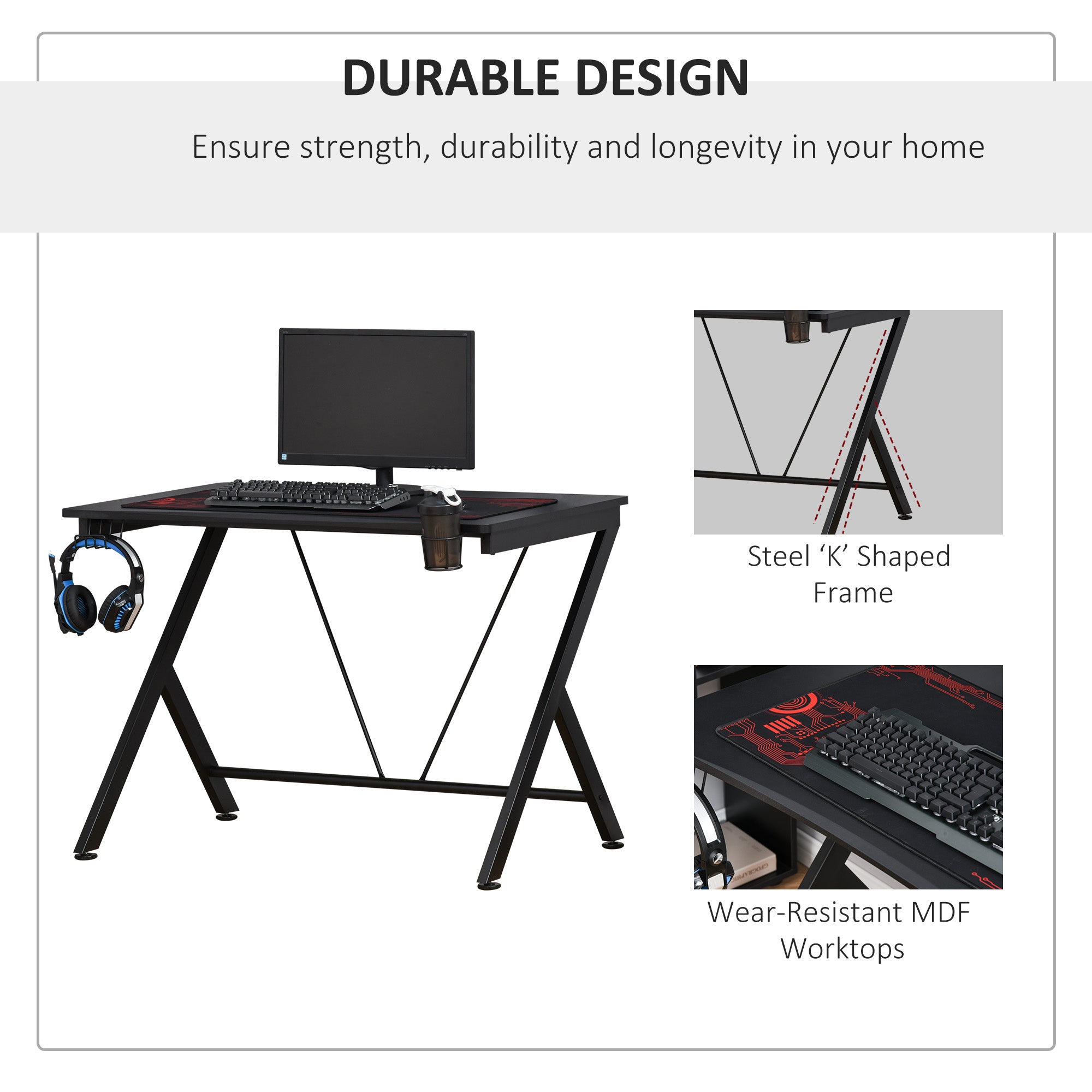 Gaming Desk, 108 x 66cm Computer Table Metal Frame with Cup Holder, Headphone Hook, Cable Hole, for Small Spaces, Black