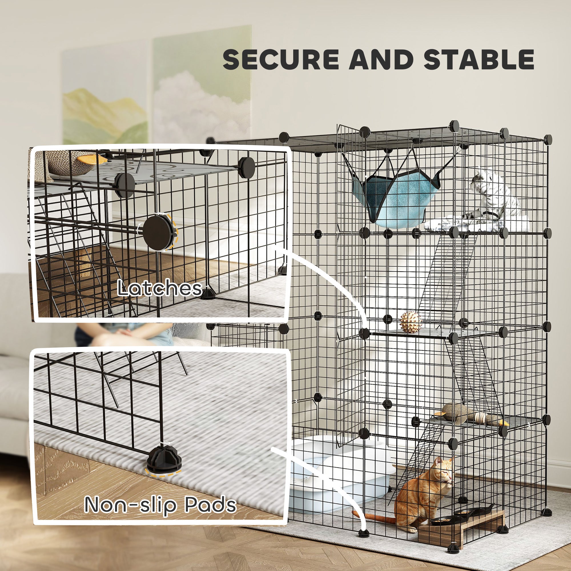 4-Tier Large DIY Indoor Cat Cage with Hammock, Ramps & 5 Doors for 1-3 Cats - Black