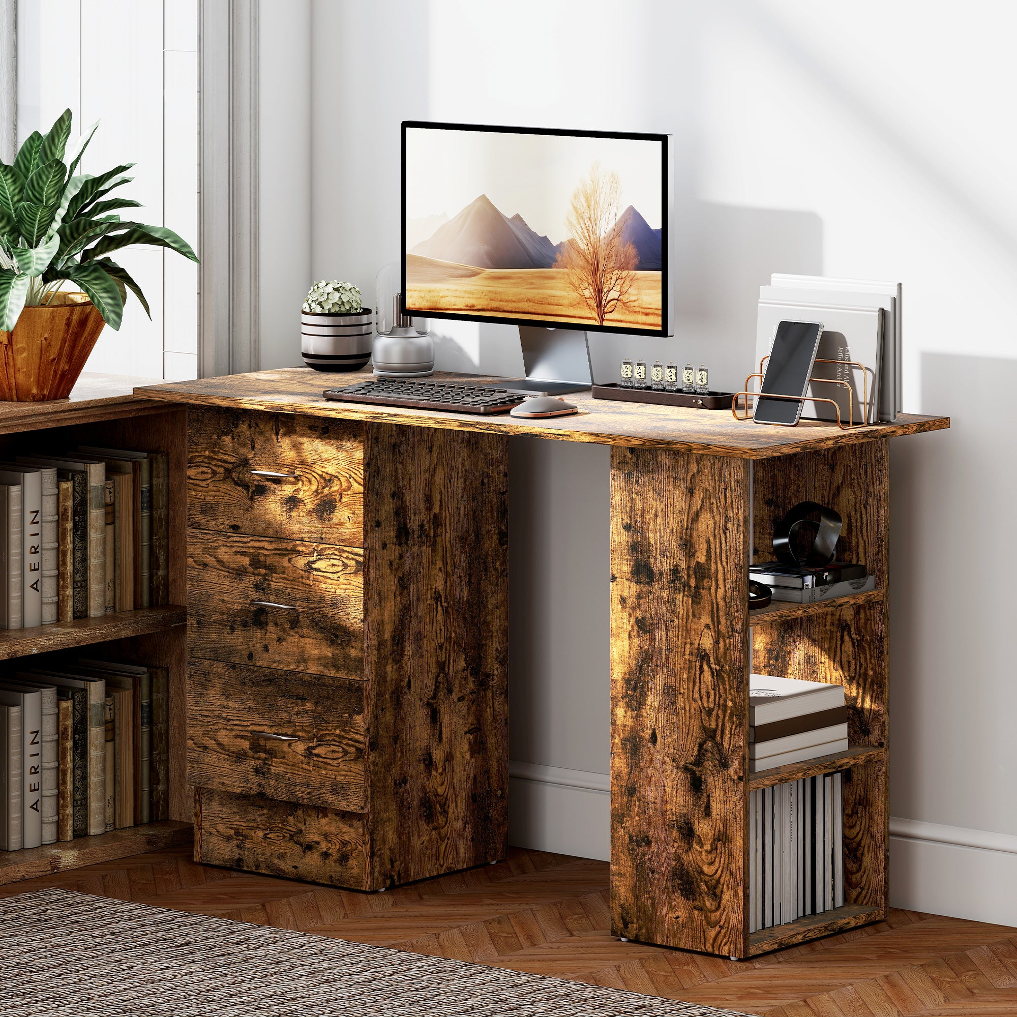 Computer Desk with Drawers, Home Office Desk, Writing Table, PC Workstation with 3 Storage Shelves for Working, Study, 120 x 49 x 72 cm, Rustic Brown