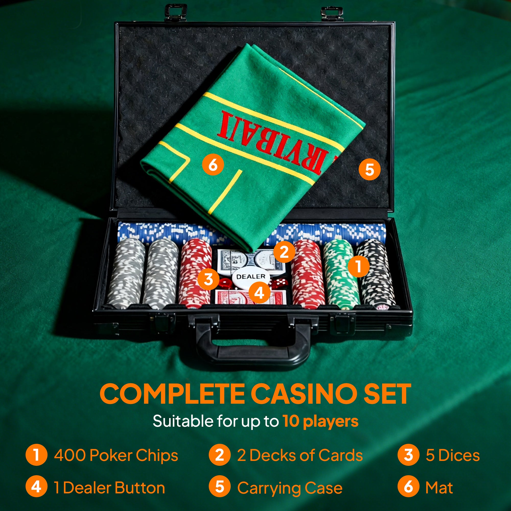 400-Piece Poker Chips Set with Lightweight ABS Case, Casino Texas Holdem Poker Set with Mat, 11.5g Numbered Poker Chips, Two Decks of Cards, Dealer, Five Dices, Grey