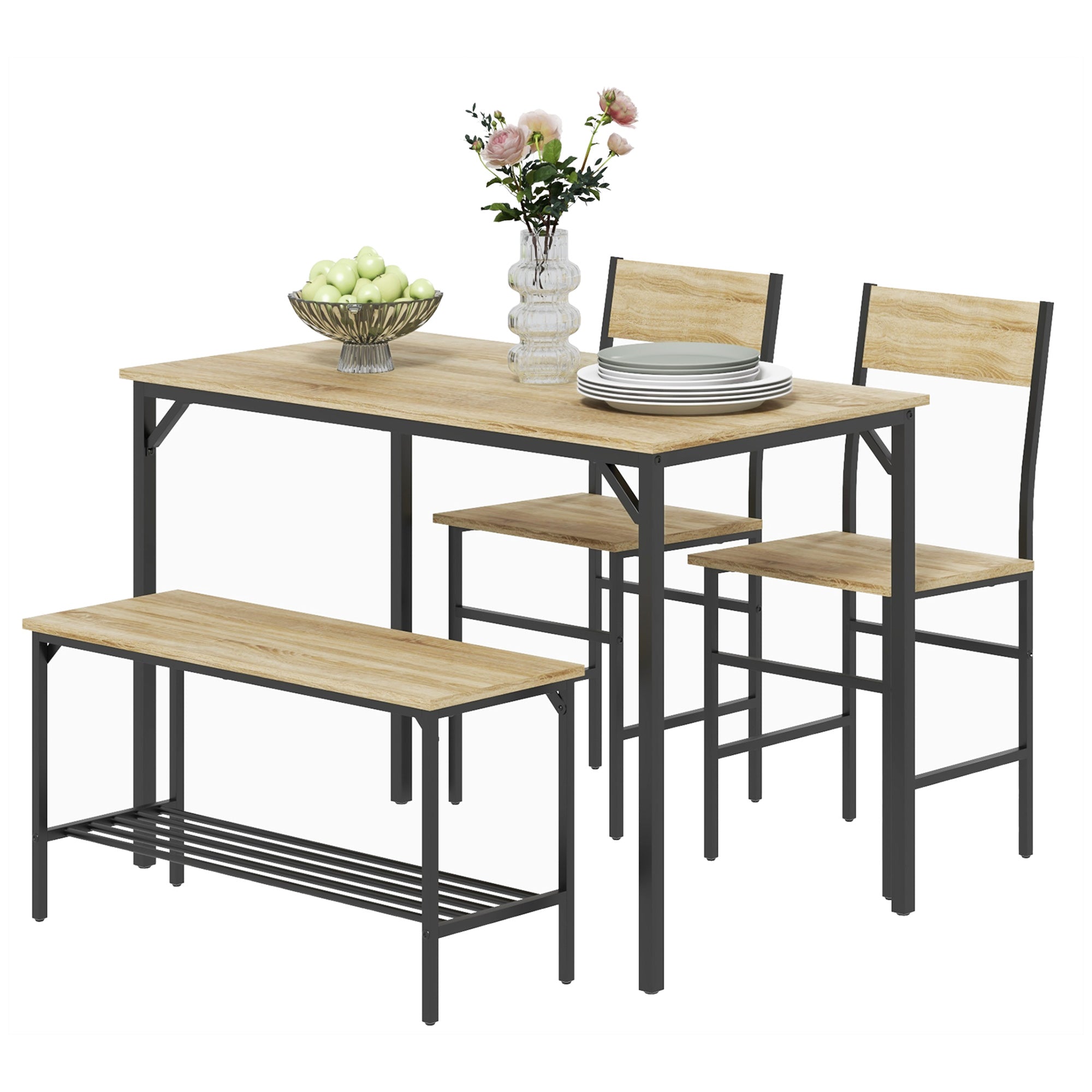 Four-Piece Dining Set, With Table, Chairs and Bench