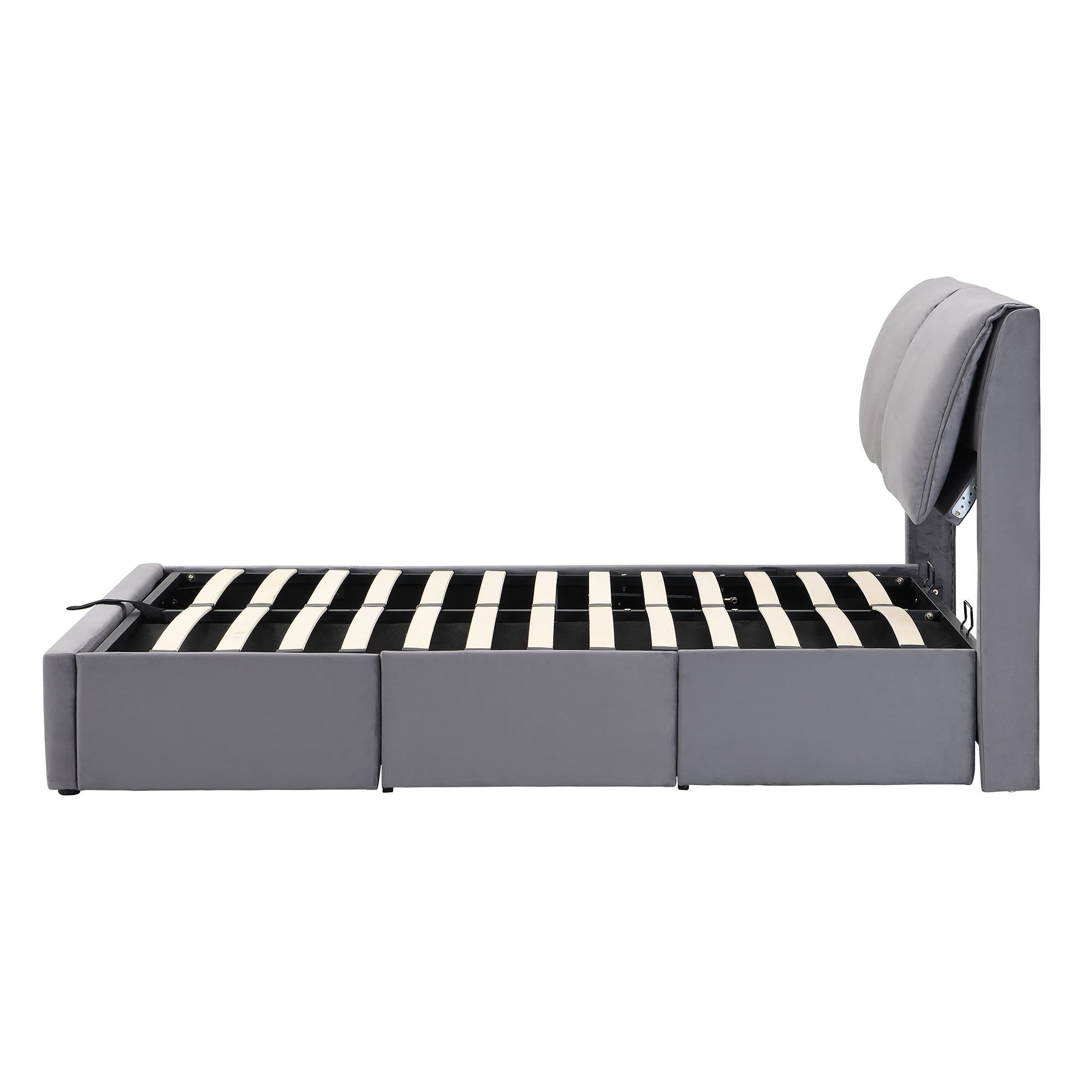Upholstered Double Bed with Hydraulic Storage and Drawers - Grey Velvet