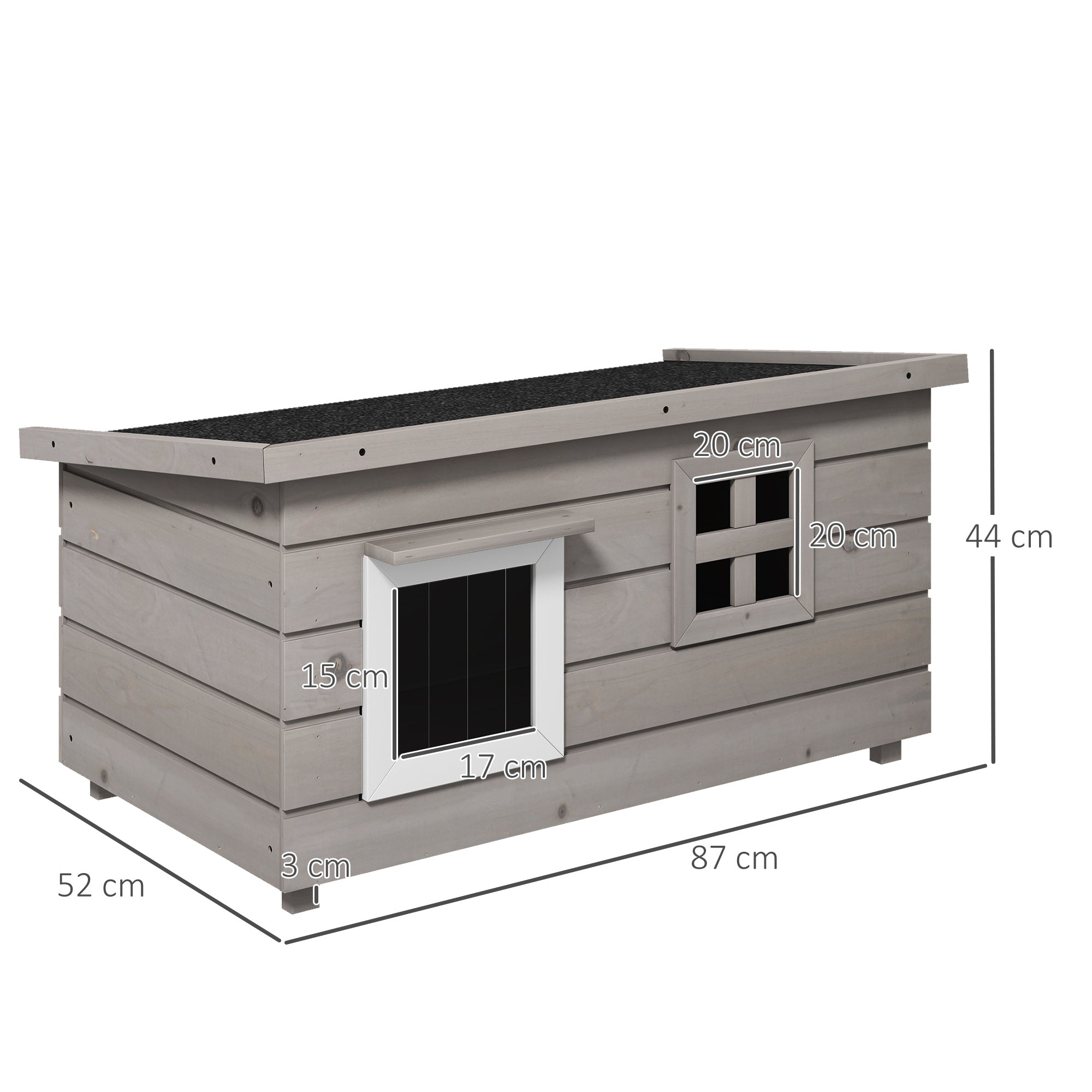Wooden Outdoor Cat House, Elevated Cat Shelter Kennel, Pet Play House with Openable Top, Asphalt Roof, Window, Grey