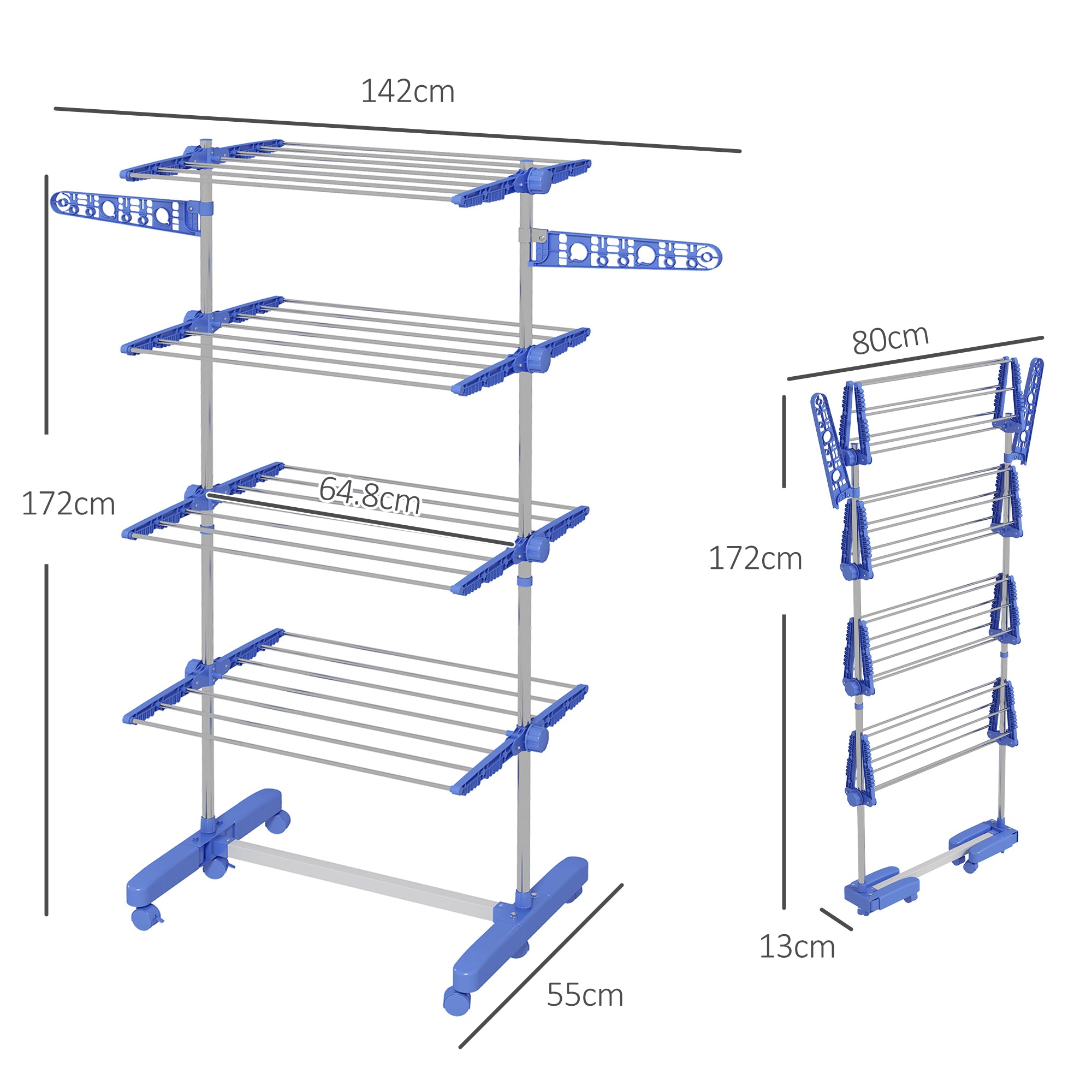 Four-Shelf Collapsing Clothes Horse, With Side Arms and Wheels - Blue