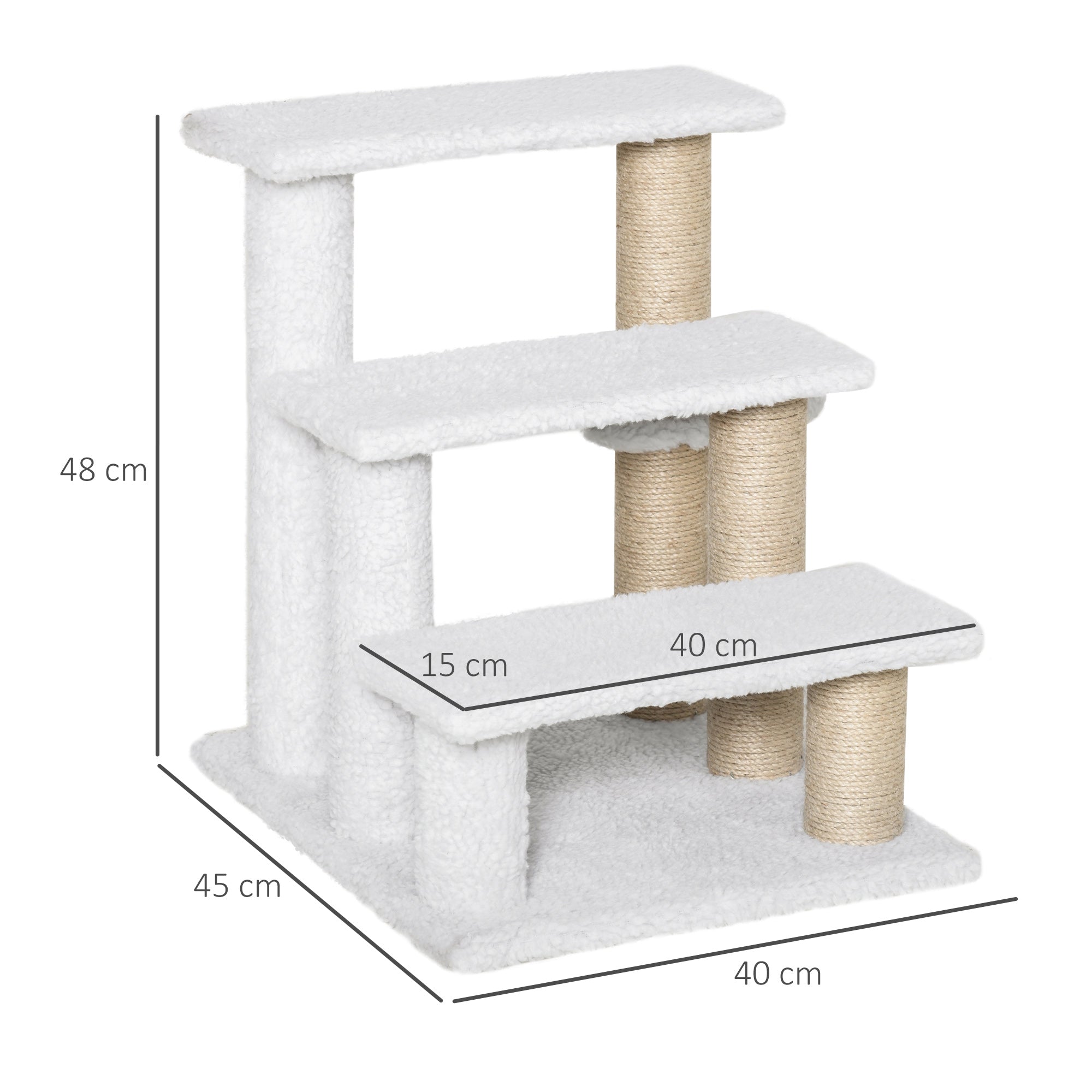 Pet Stair with 3-step Climb Ladder, Scratching Posts, Platforms, Toy Ball, for Indoor Elderly Cats Kittens, White