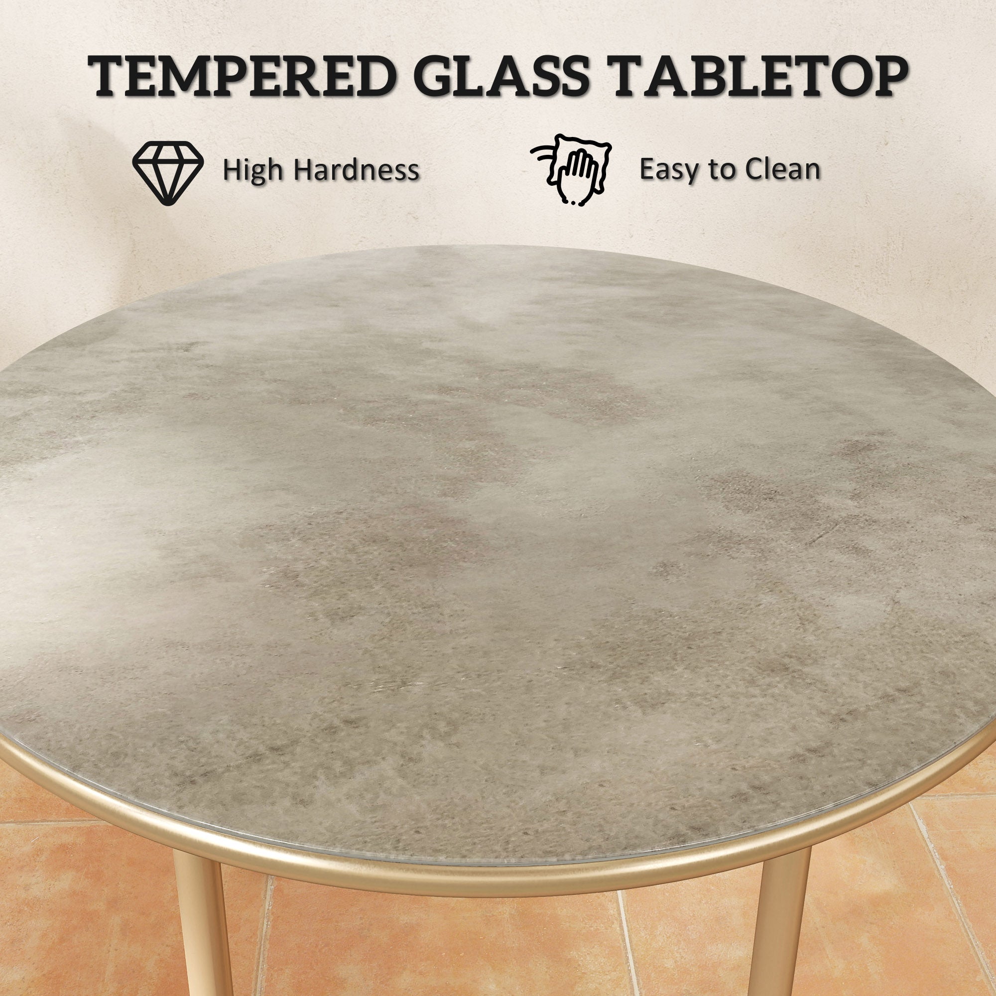 Round Coffee Table, Modern End Side Table with Faux Marble Tempered Glass Top, Steel Frame for Living Room, Bedroom, Office, Beige