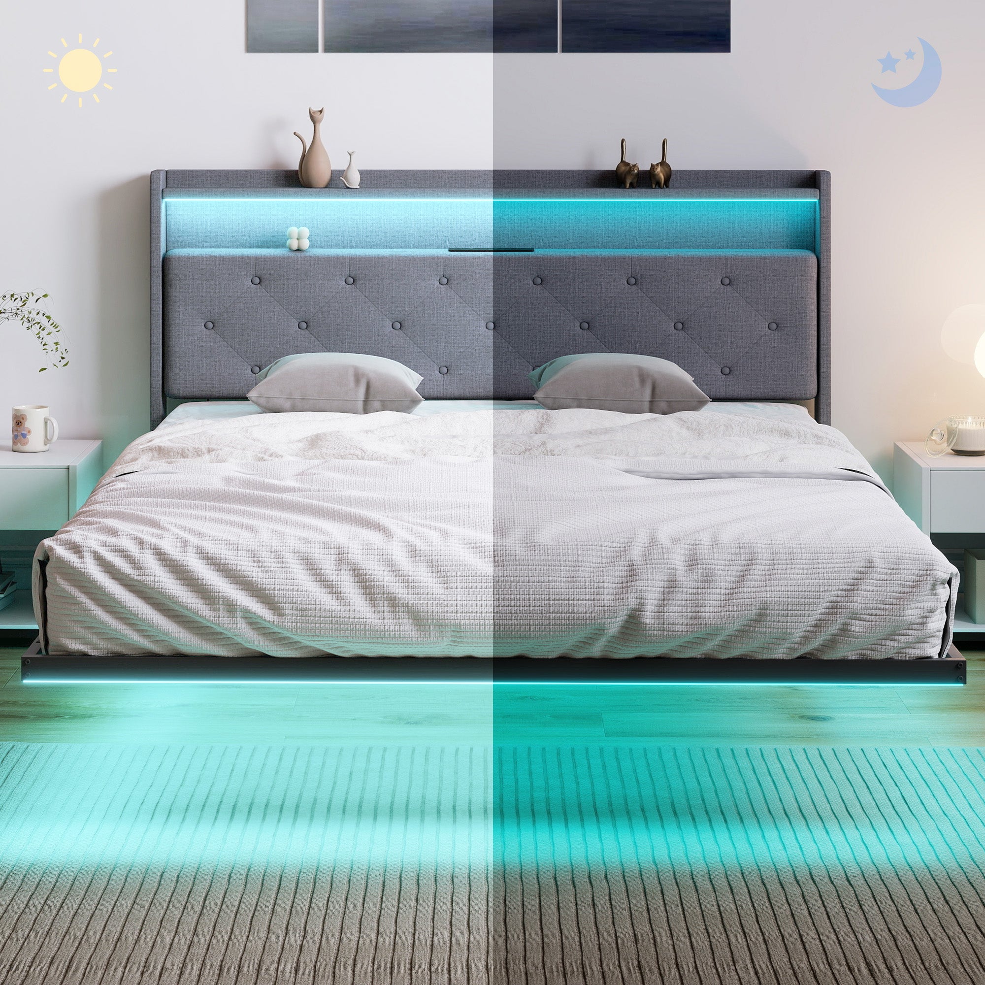 Floating Bed Frame, Upholstered 5ft King Size Bed, Platform Bed with RGB LED Lights and Charging Station, Grey