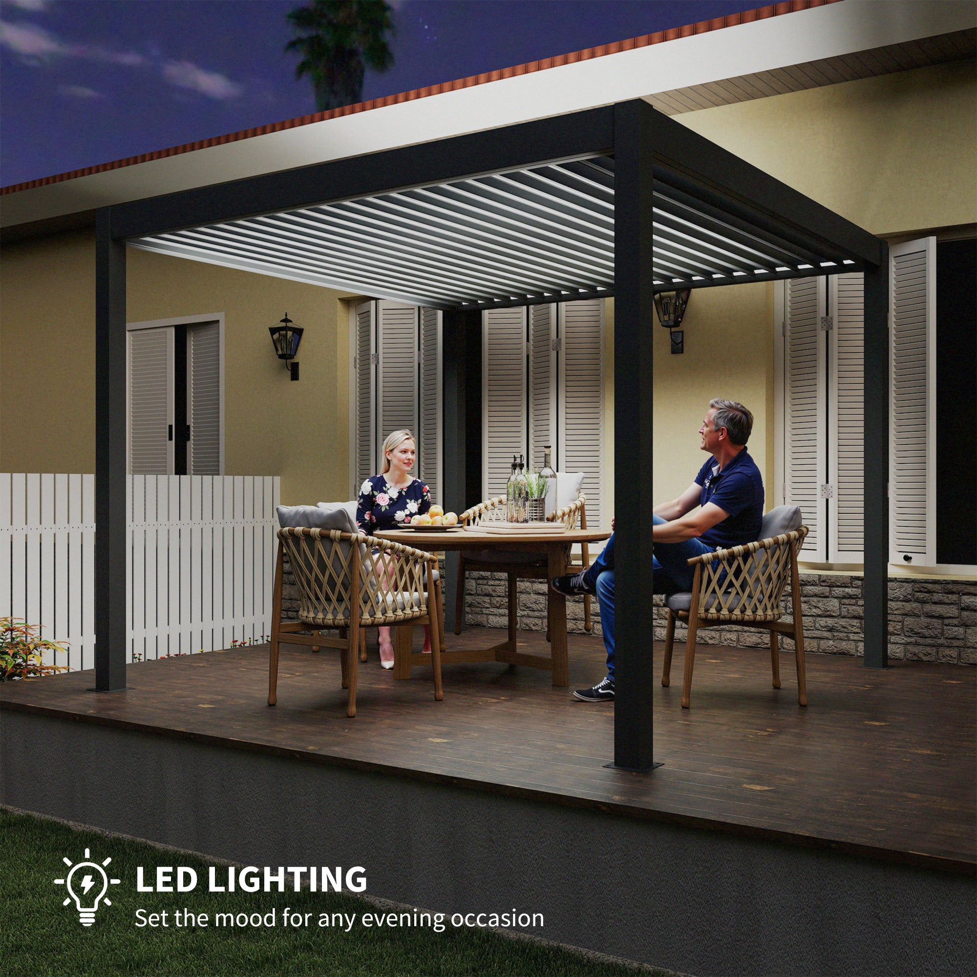 3 x 3(m) Electric Louvered Pergola with LED Lights, Aluminium Pergola Hardtop Gazebo with Remote, Adjustable Roof and Drainage System, Water and UV Proof