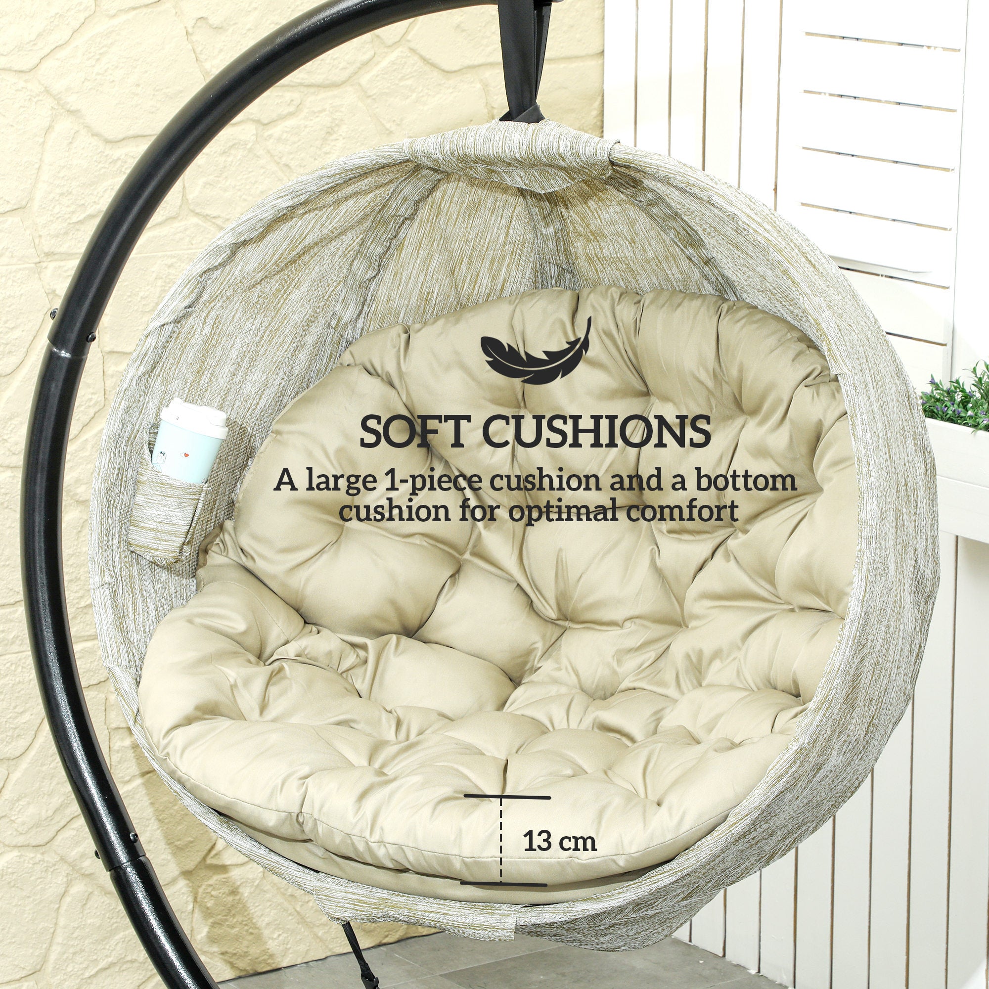 Hanging Egg Swing Chair with Stand and Thick Cushion - Khaki