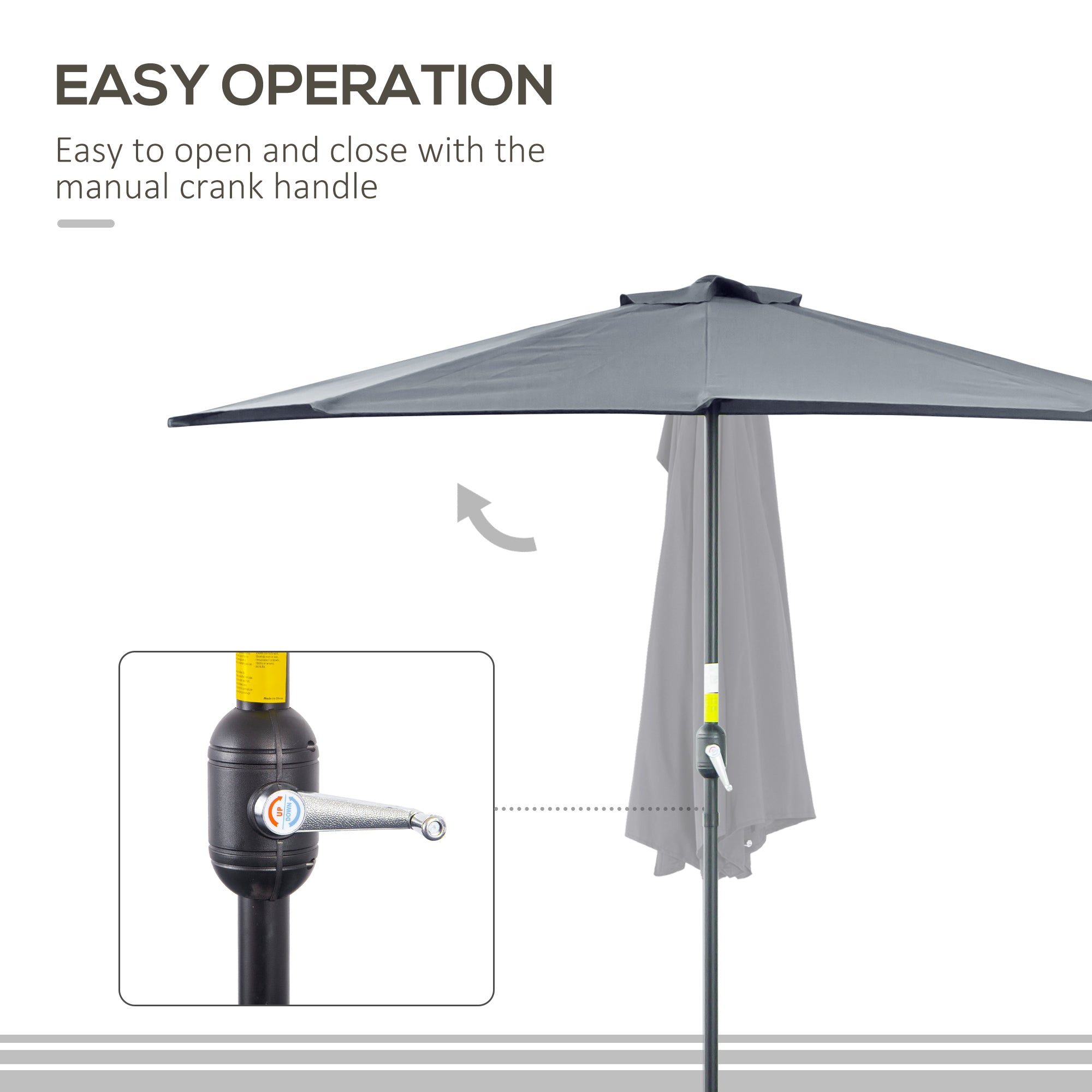 2.7m Garden Half Parasol, Outdoor Balcony Umbrella with 5 Steel Ribs, Patio Sun Shade, Grey