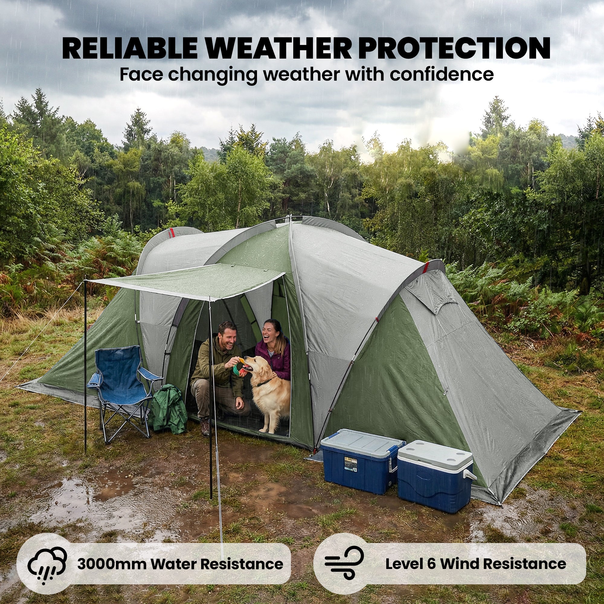Family Camping Tent 3000mm Waterproof Windproof Tunnel Tent 8-12 Person Two Bedrooms Green