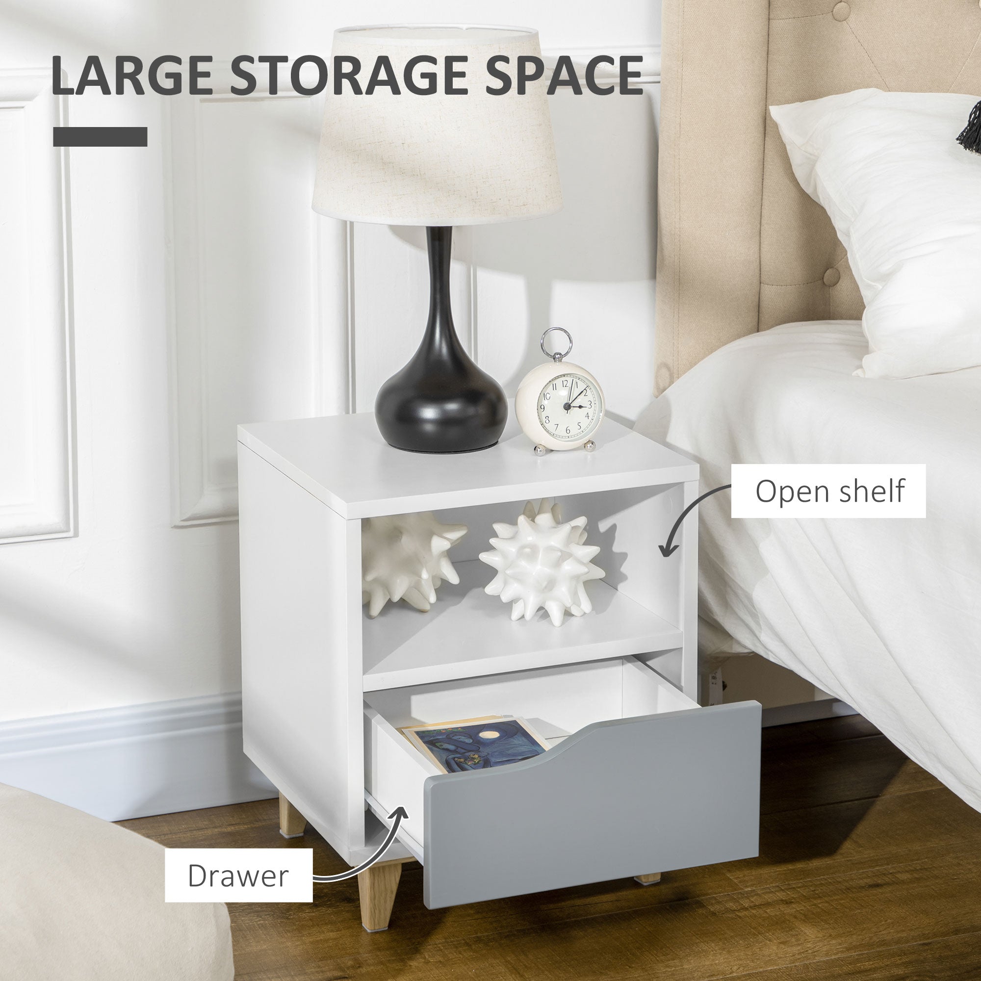 Bedroom Furniture Set, Wardrobe with Hanging Rail, 3 Drawer Chest of Drawers, Bedside Table with Drawer, Grey and White