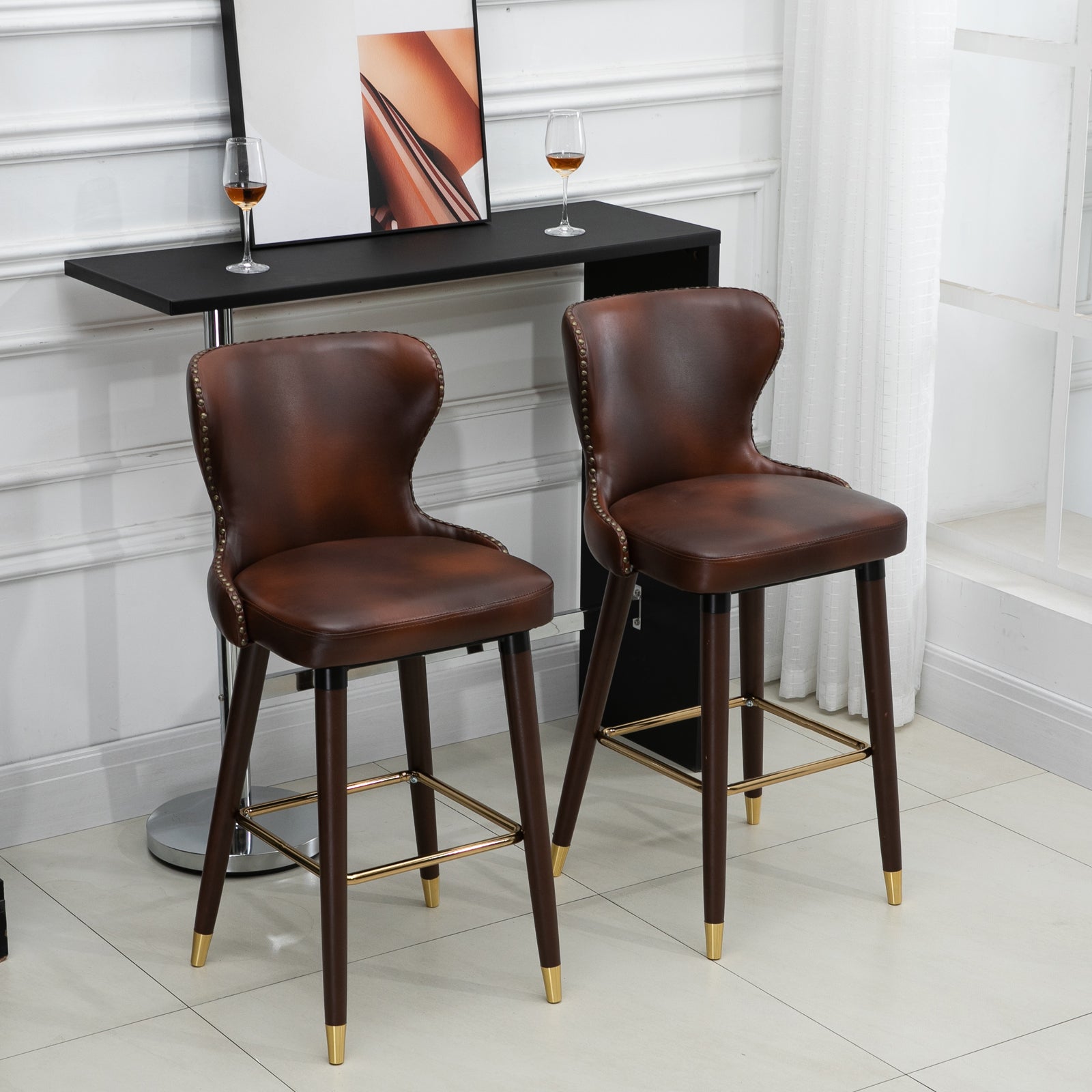 Bar Stools Set of 2, PU Leather Upholstered Breakfast Bar Chairs with 71cm Seat Height, Retro Kitchen Stools with Wingbacks, Nailhead Trim and Footrest, Brown