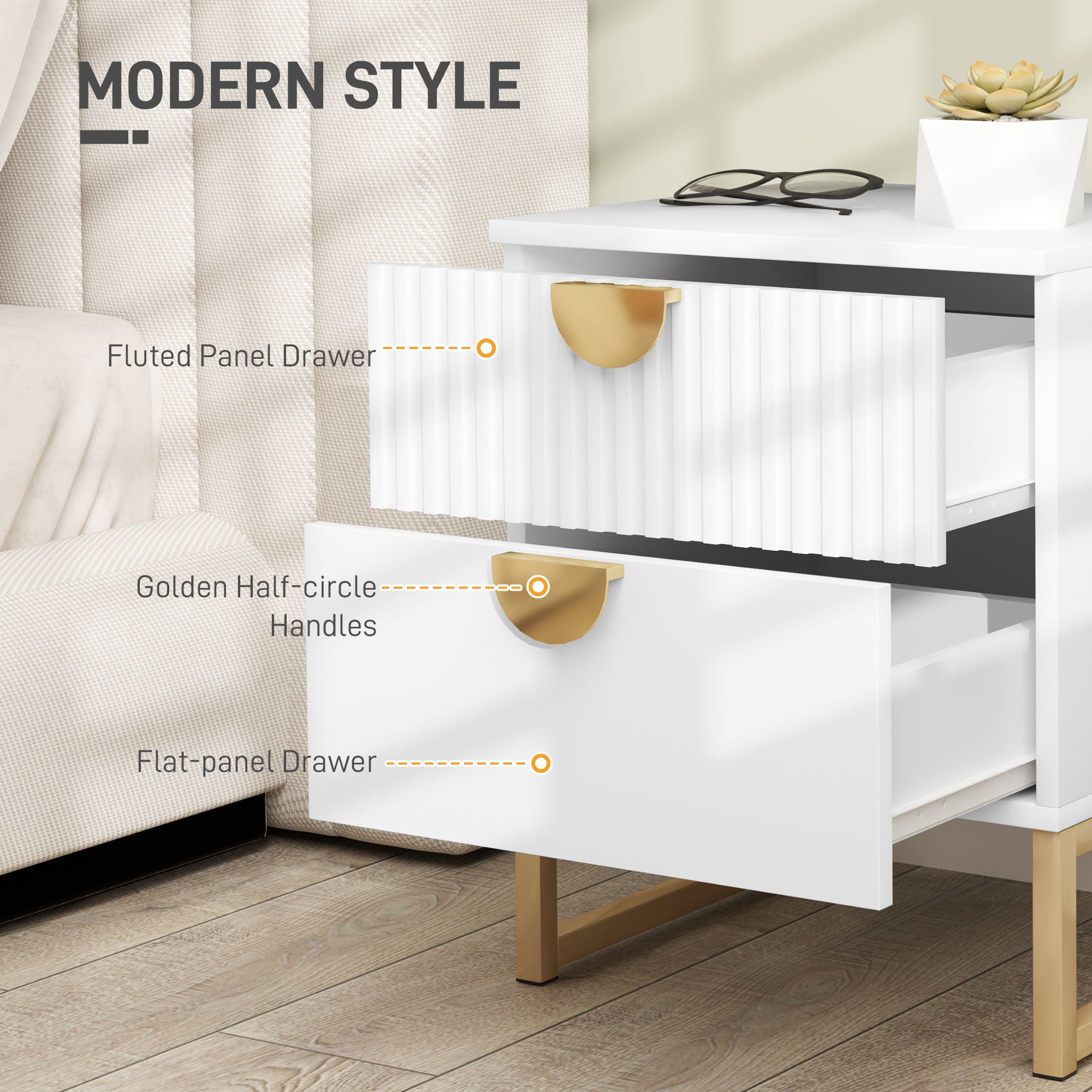 Elegant Two-Drawer Bedside Table with Gold Handles - White