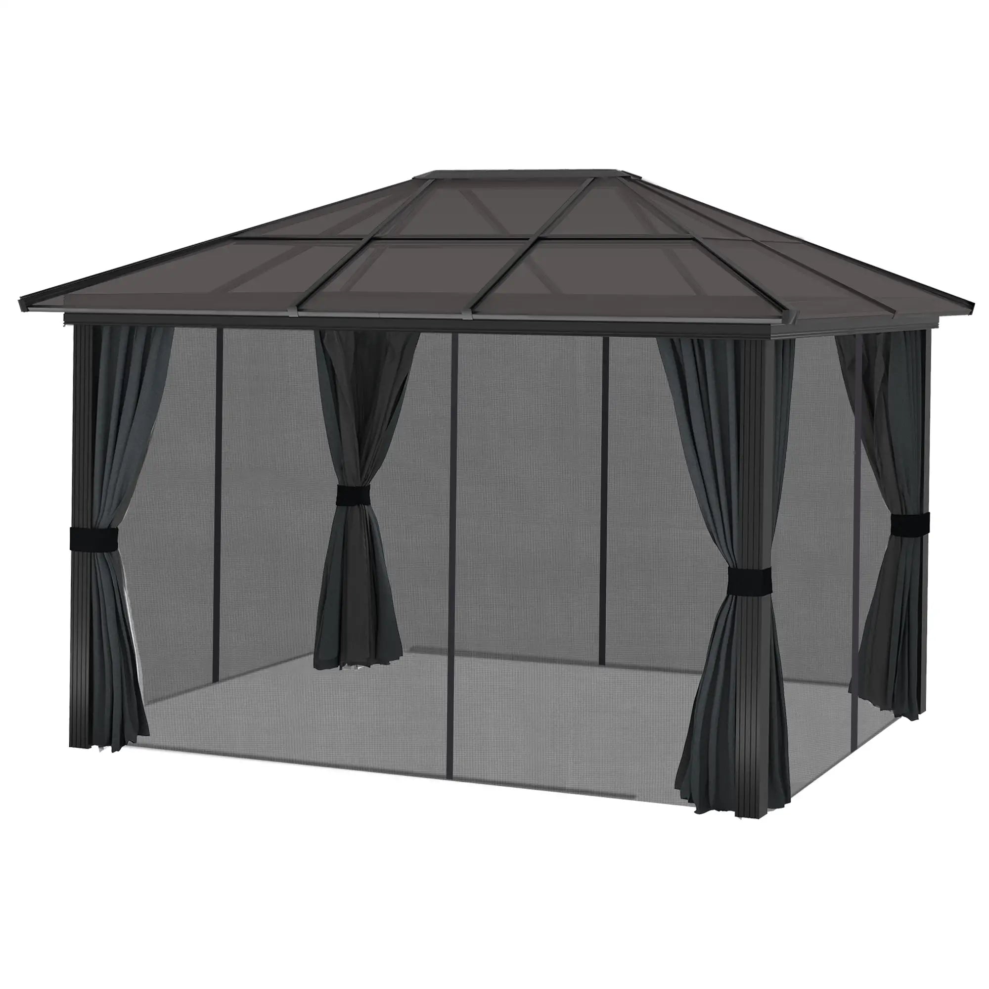 3 by 3.6 Metre Hardtop Gazebo with Polycarbonate Roof and Curtains - Dark Grey