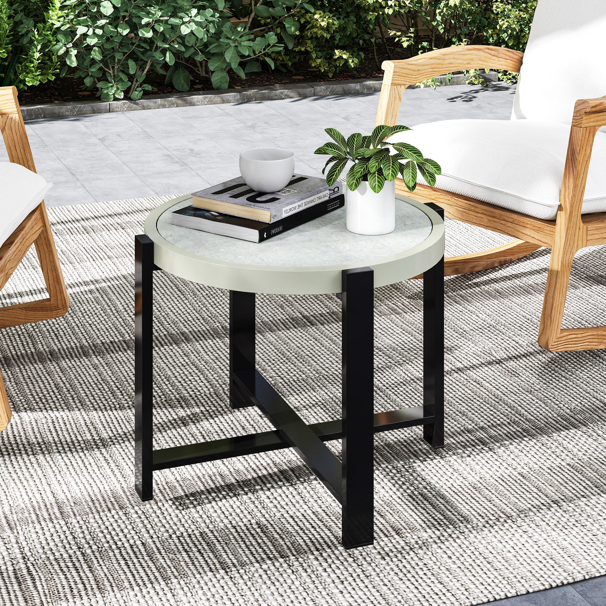 Round Small Garden Table, 60cm Outdoor Side Table with Faux Marble Tempered Glass Top, Aluminium Frame for Garden, Patio, Balcony, Light Grey