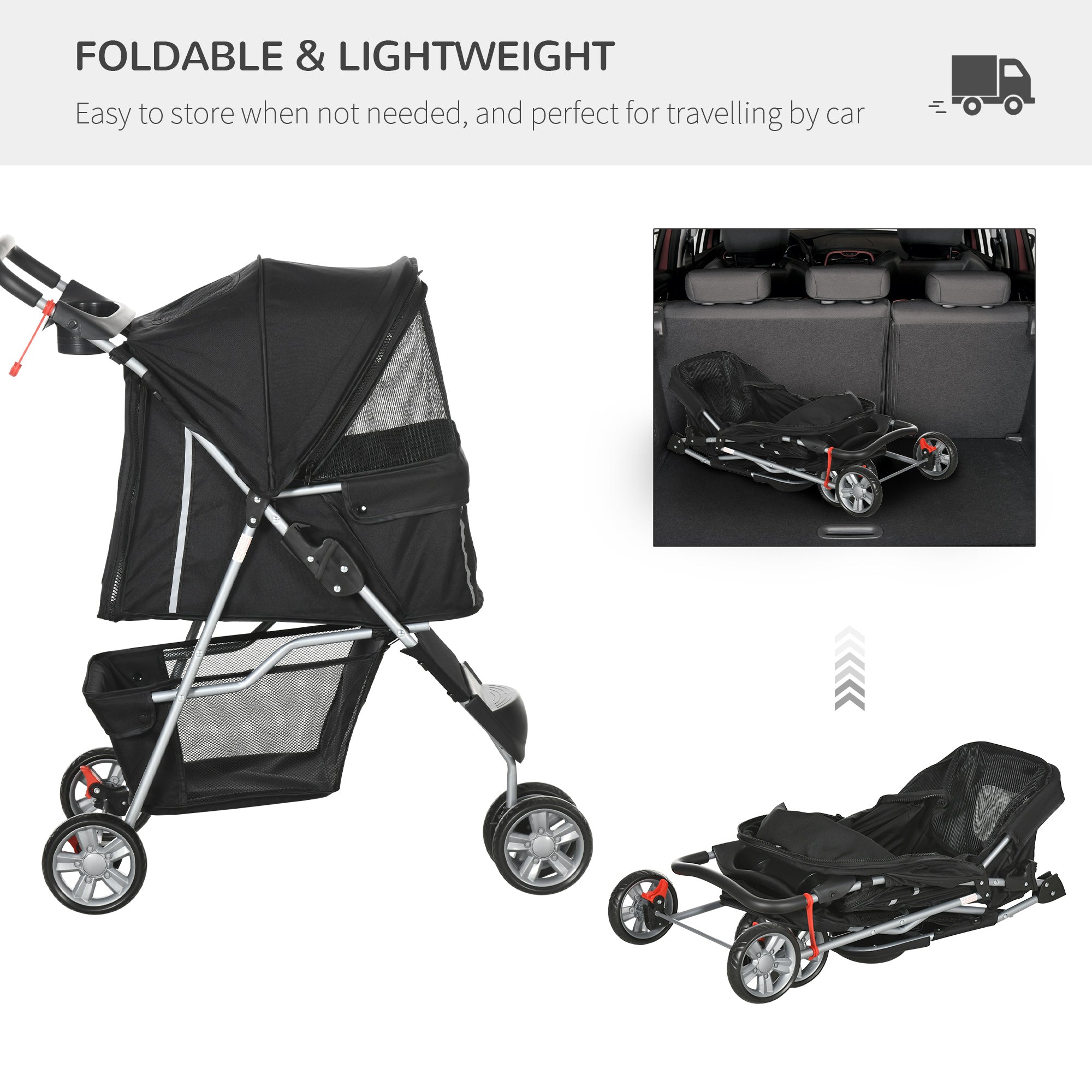 Pet Travel Stroller with Rain Cover, 3 Wheels Foldable Cat Dog Pushchair with Storage Basket and Cupholder for Small Miniature Dogs(Black)