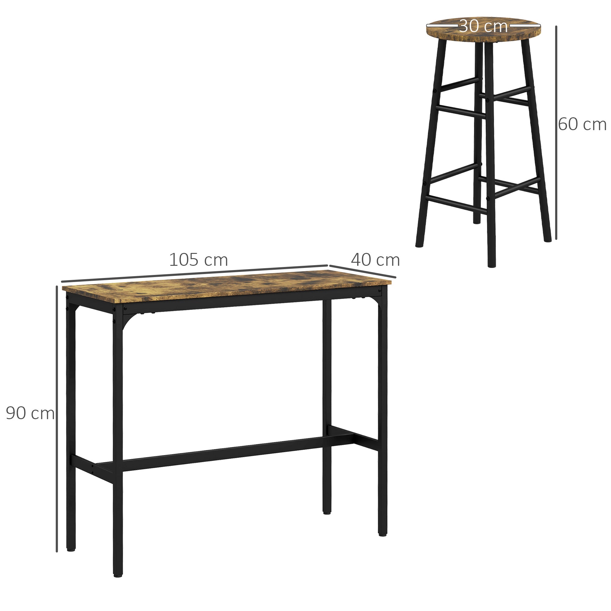 5 Piece Industrial Bar Table and 4 Stool Set - Rustic Brown