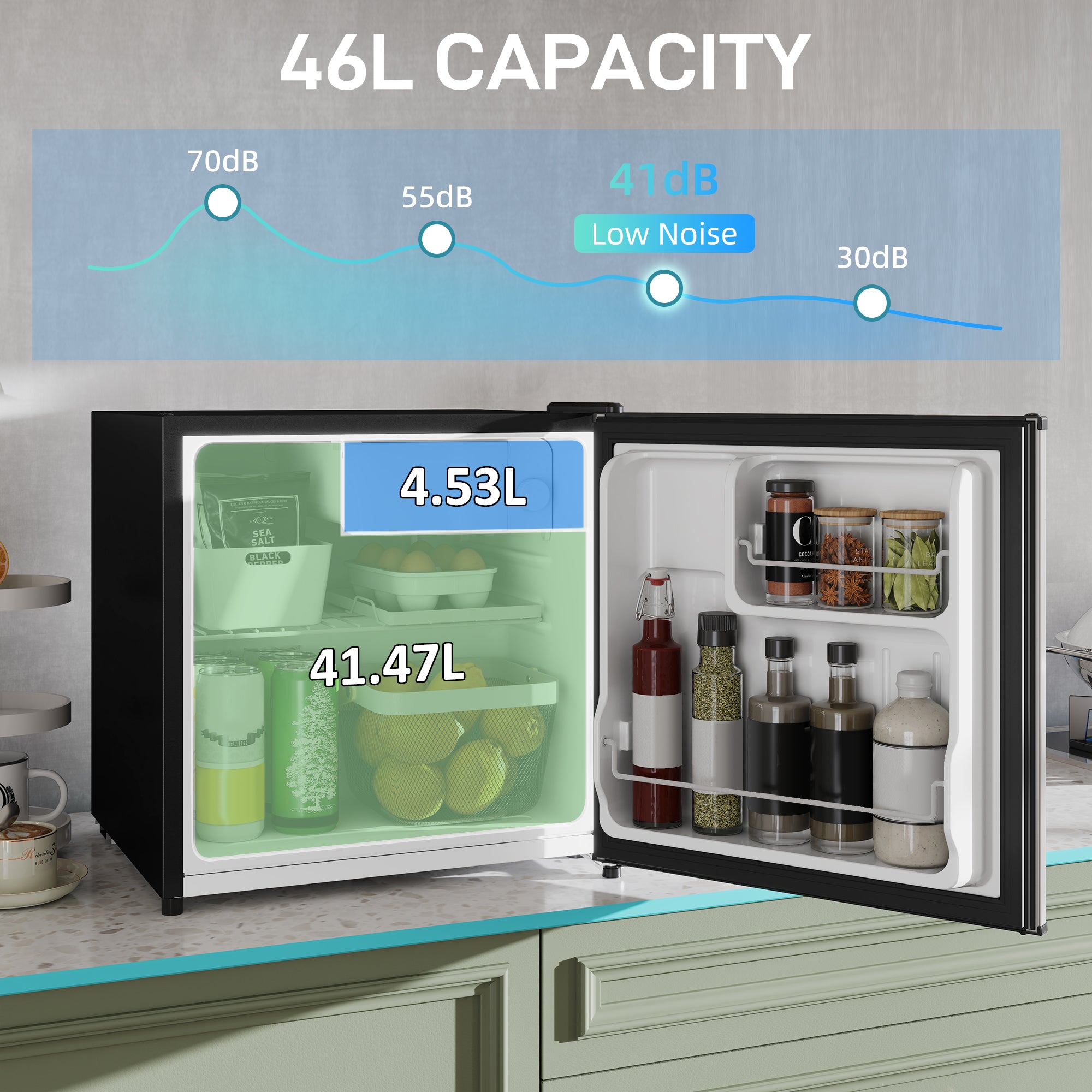 46 Litre Table Top Mini Fridge, Small Fridge with Ice Box, Reversible Door, Adjustable Temperature and Legs for Bedrooms, Home Office, Silver Tone