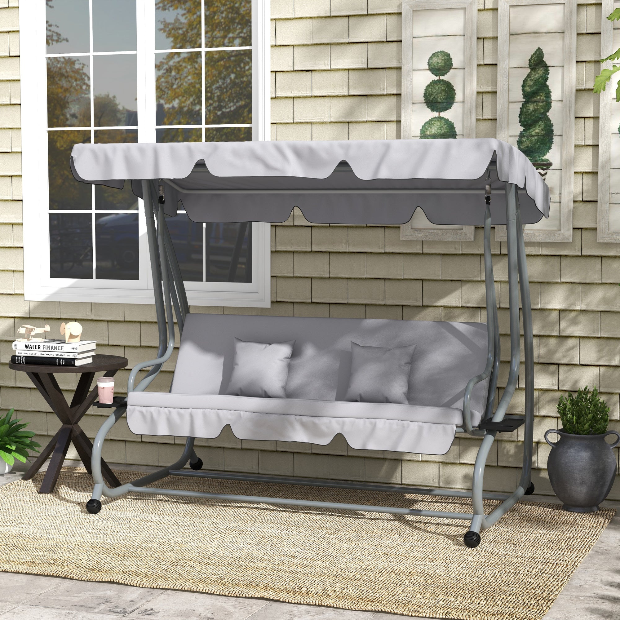Three-Person Garden Swing Chair with Adjustable Canopy - Light Grey