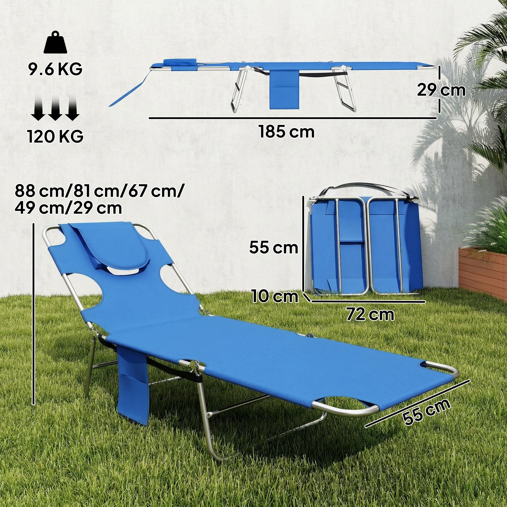 5-Position Adjustable Sun Loungers Set of 2 with Reading Hole and Side Pocket, Blue