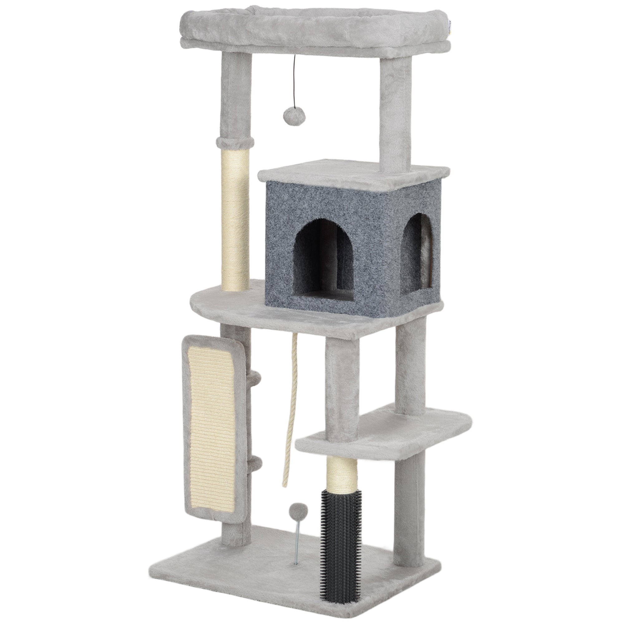 132cm Cat Tree w/ Scratching Posts, Pad, Cat Bed, Cat House, Jumping Platform, Grooming Brush, Anti-Tip Kit, Light Grey